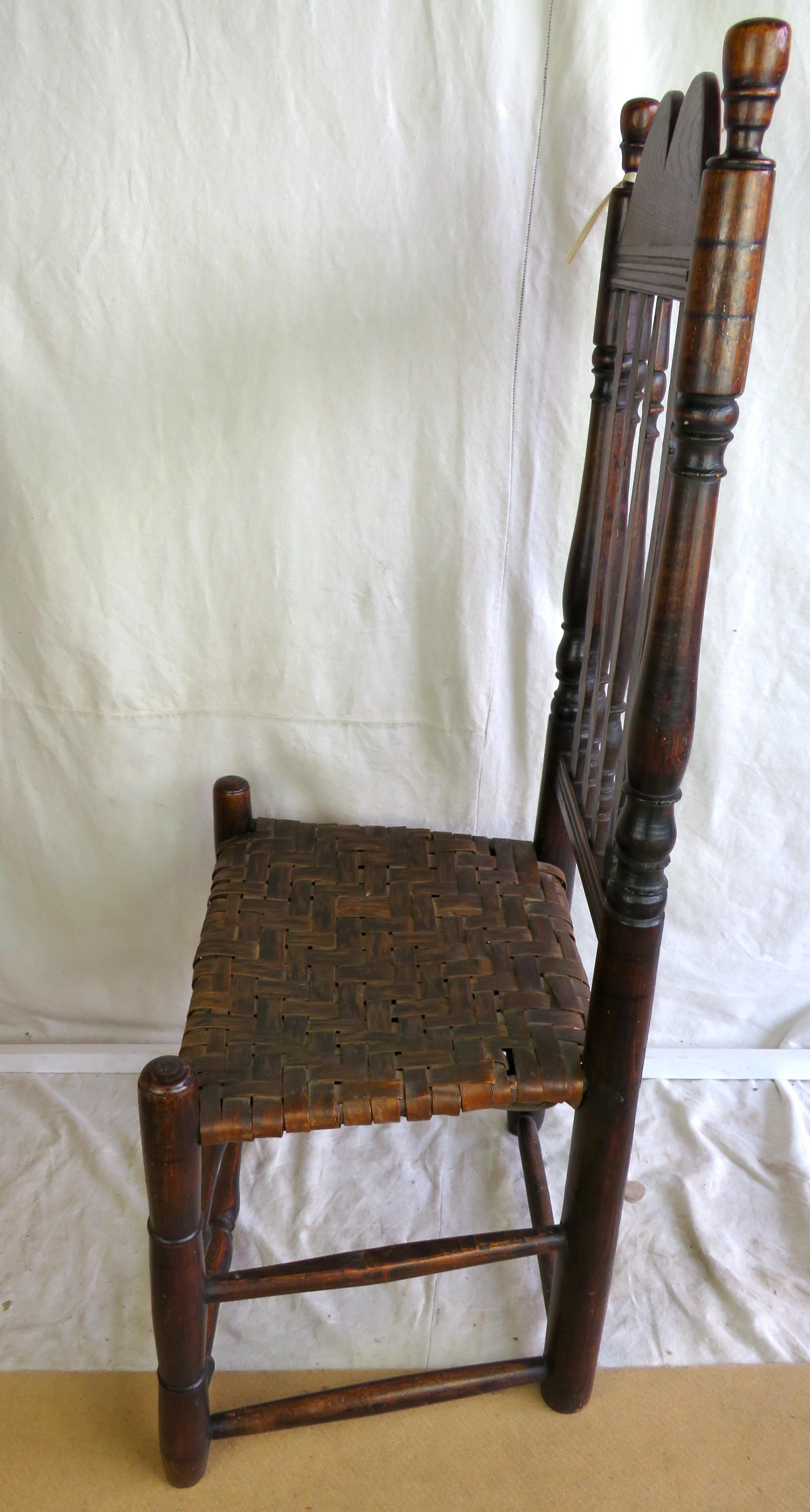 American Colonial 18th Century New England Bannister Back Side Chair with Woven Seat For Sale