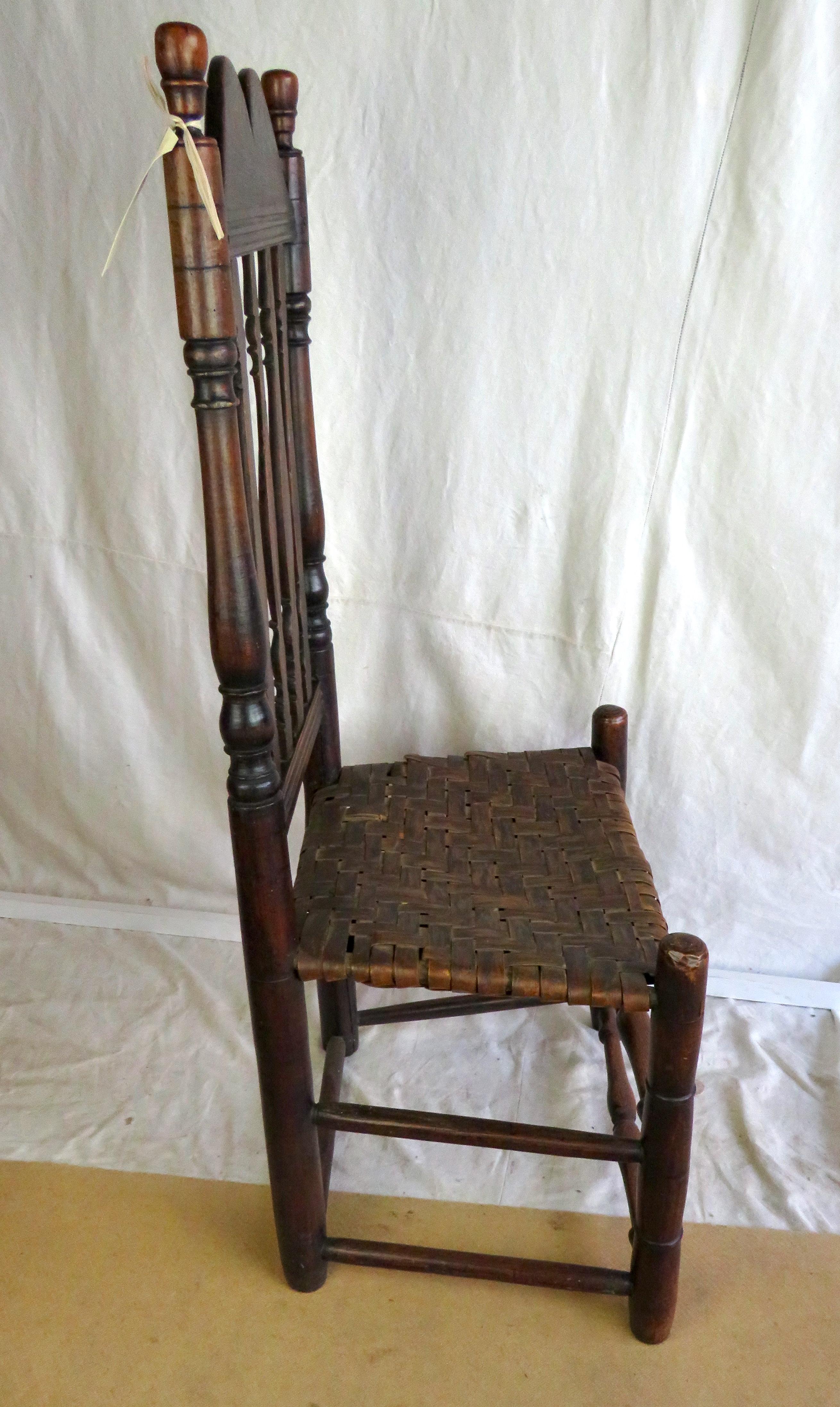 Hand-Carved 18th Century New England Bannister Back Side Chair with Woven Seat For Sale