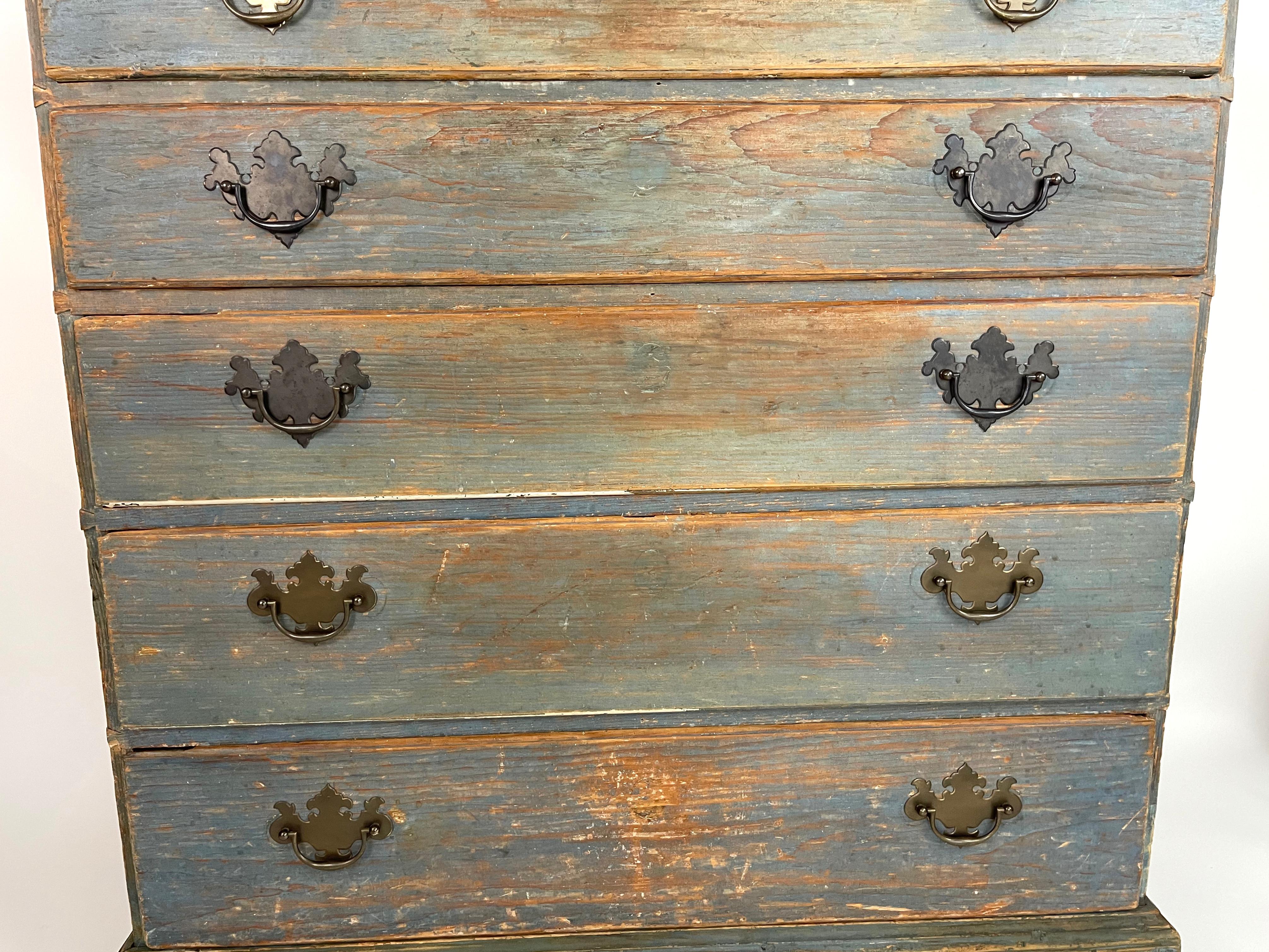 18th Century New England Blue Painted Pine Chest of Drawers 4