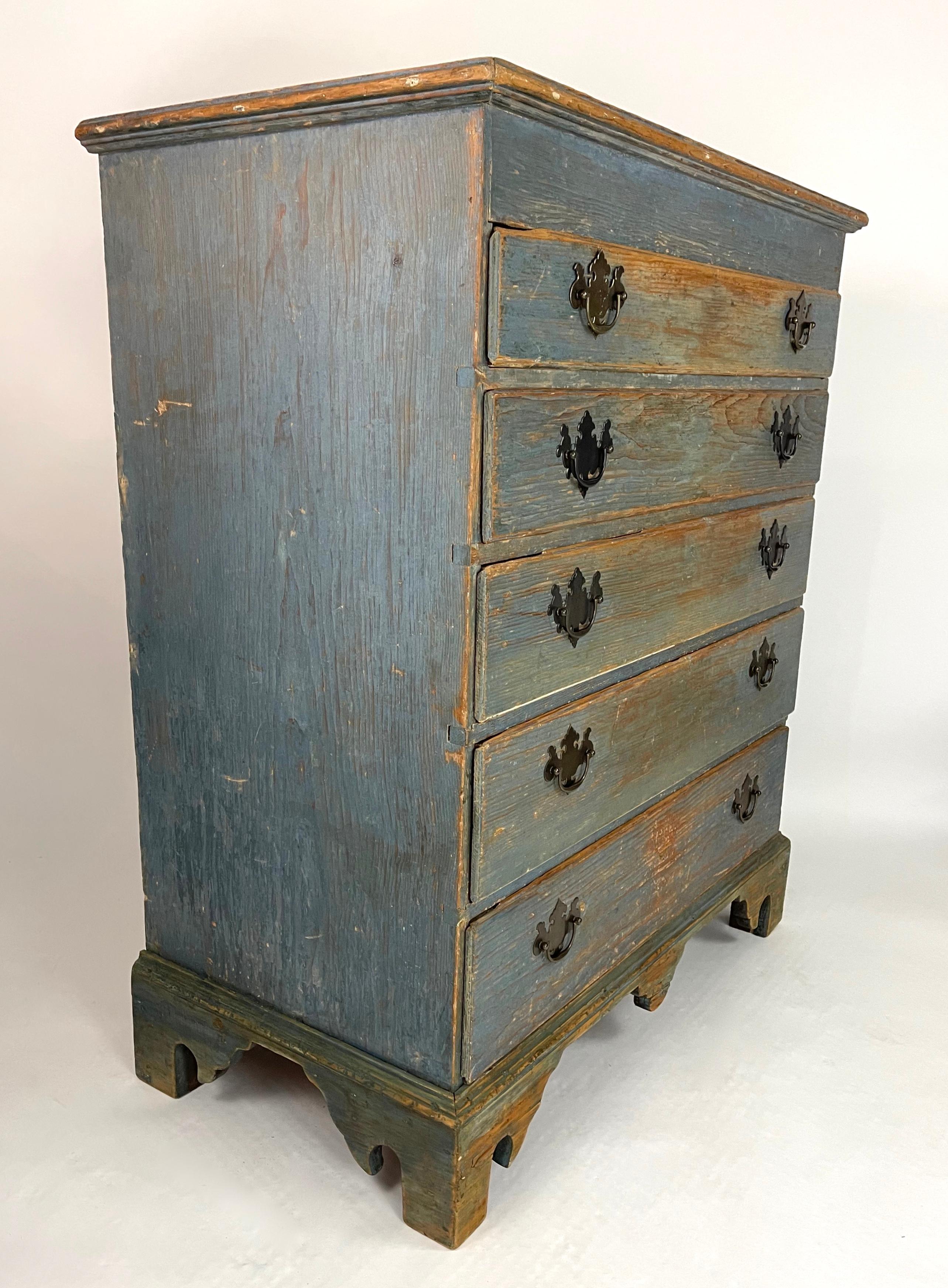 American Colonial 18th Century New England Blue Painted Pine Chest of Drawers
