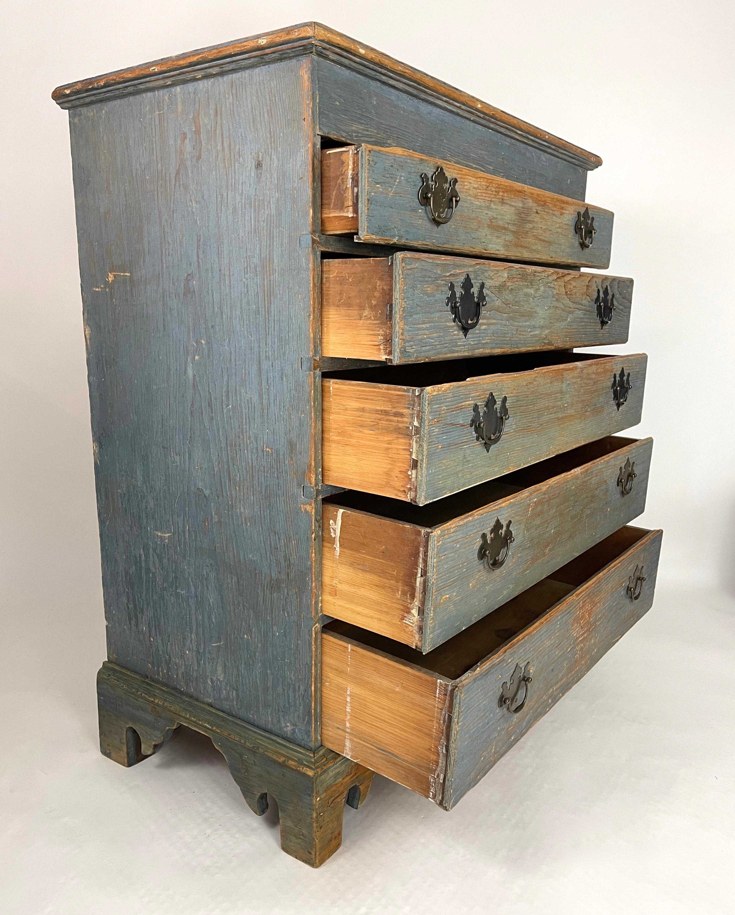 American 18th Century New England Blue Painted Pine Chest of Drawers