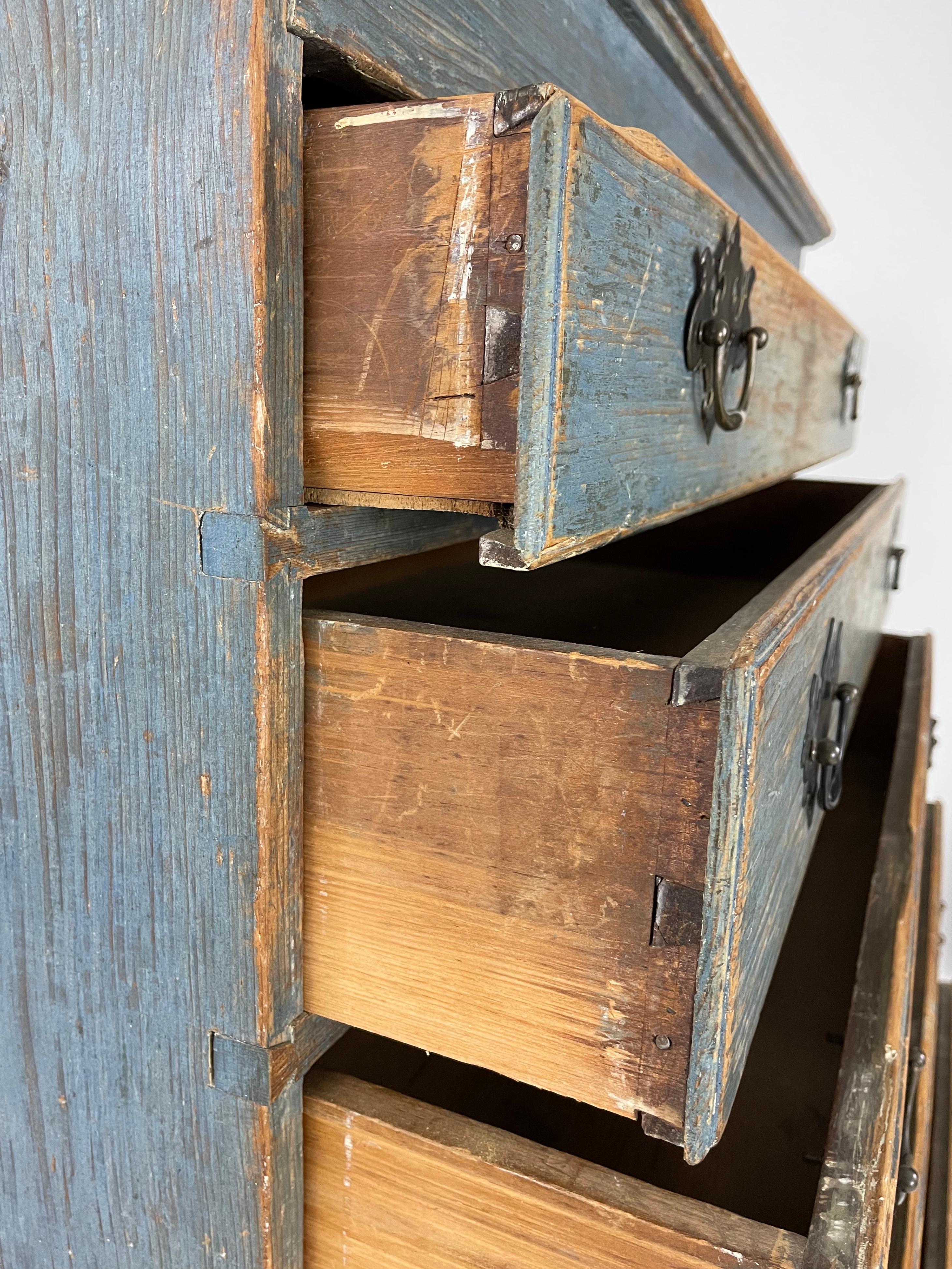 Hand-Painted 18th Century New England Blue Painted Pine Chest of Drawers