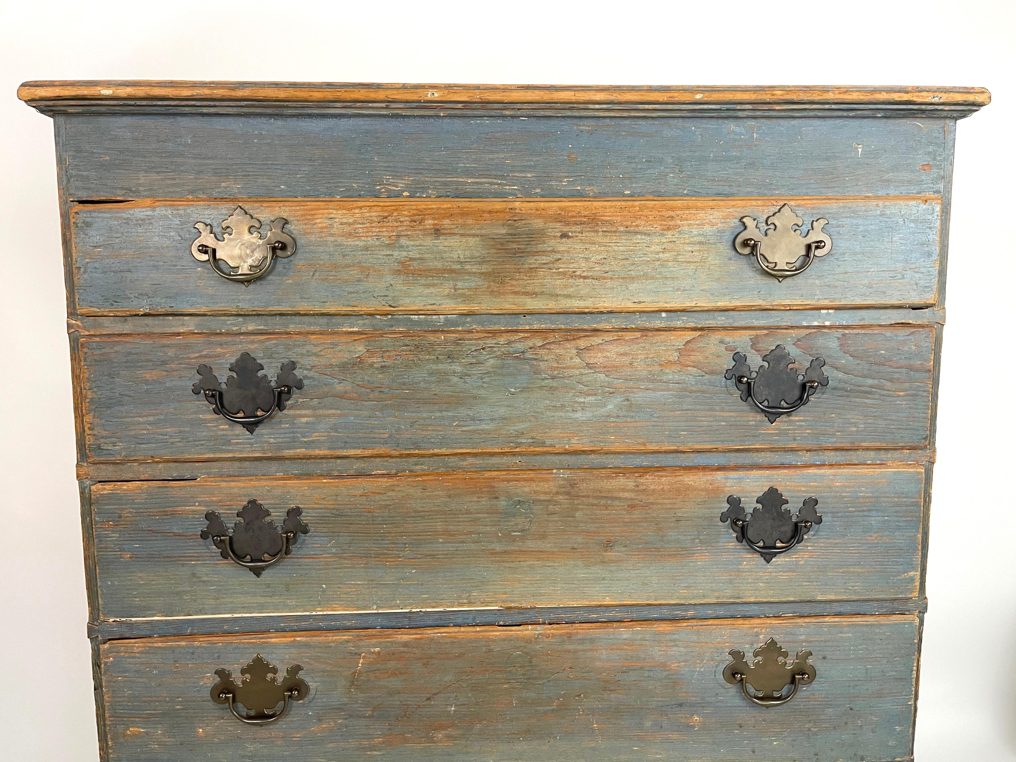 18th Century New England Blue Painted Pine Chest of Drawers 2