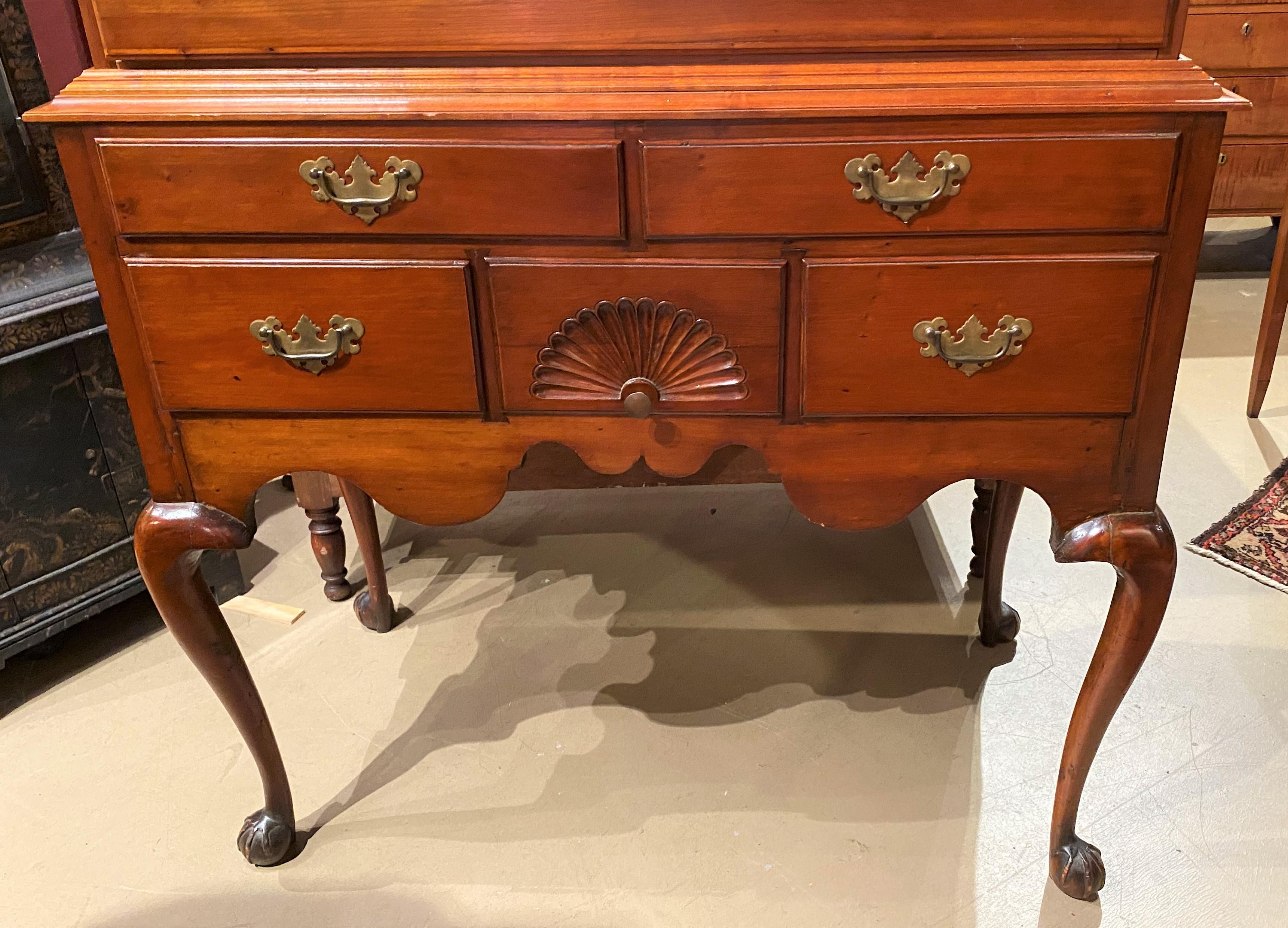Queen Anne 18th Century New England Highboy in Cherry with Fan Carving For Sale
