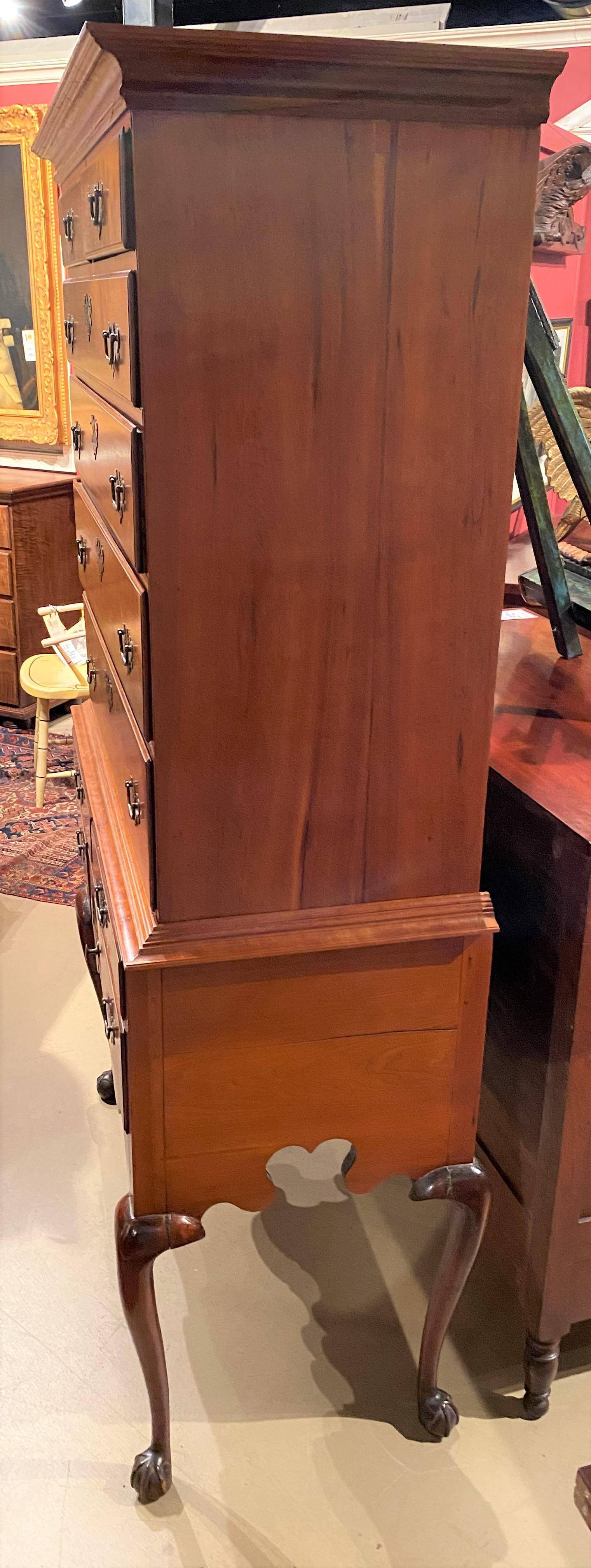 American 18th Century New England Highboy in Cherry with Fan Carving For Sale