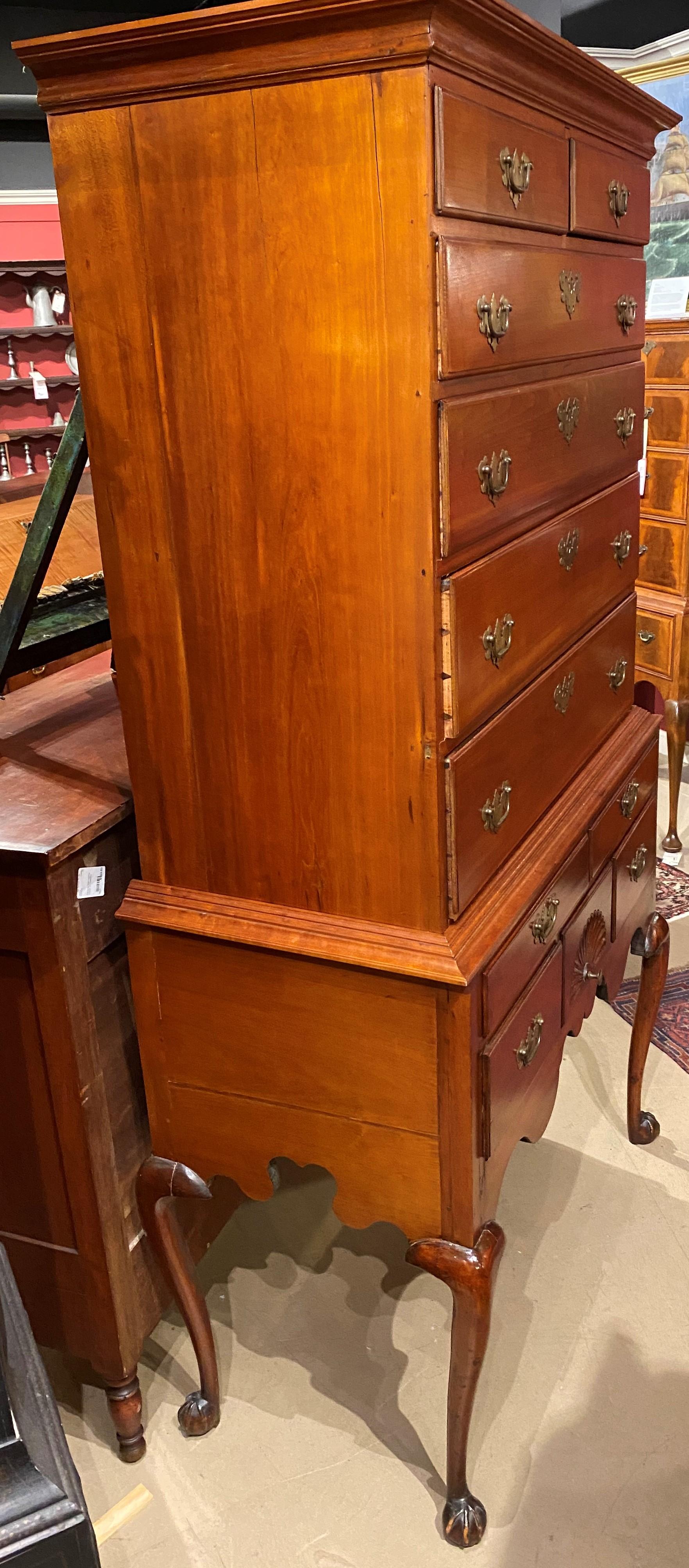 Hand-Carved 18th Century New England Highboy in Cherry with Fan Carving For Sale