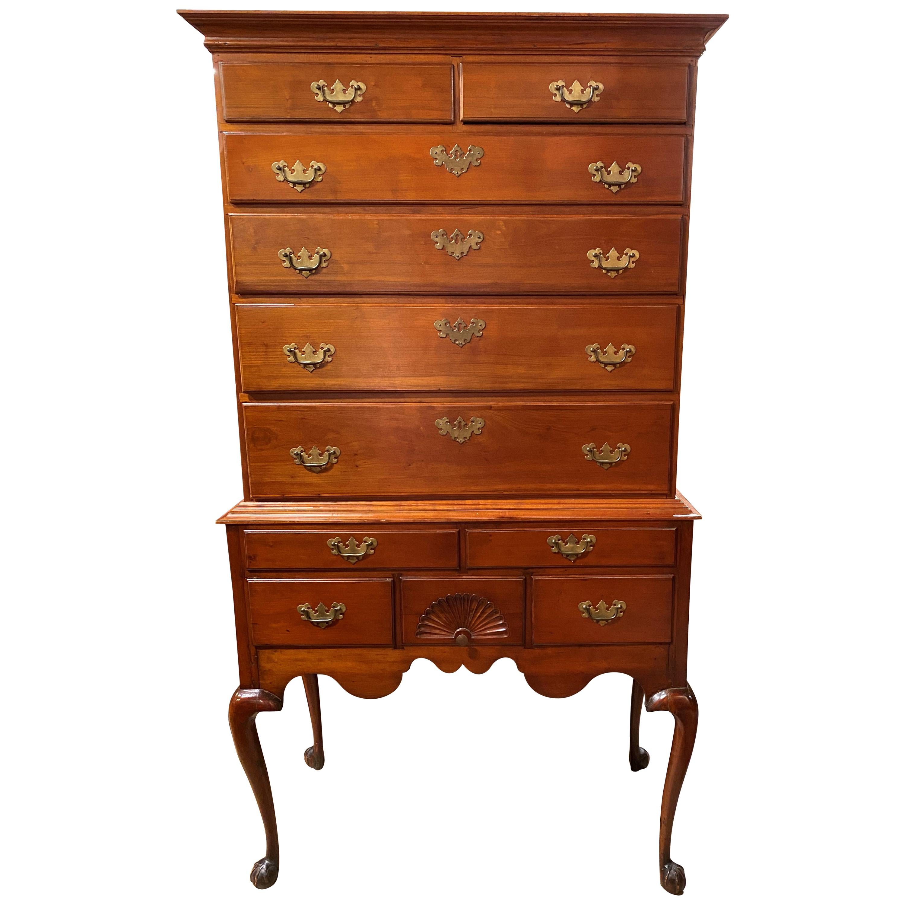 18th Century New England Highboy in Cherry with Fan Carving For Sale