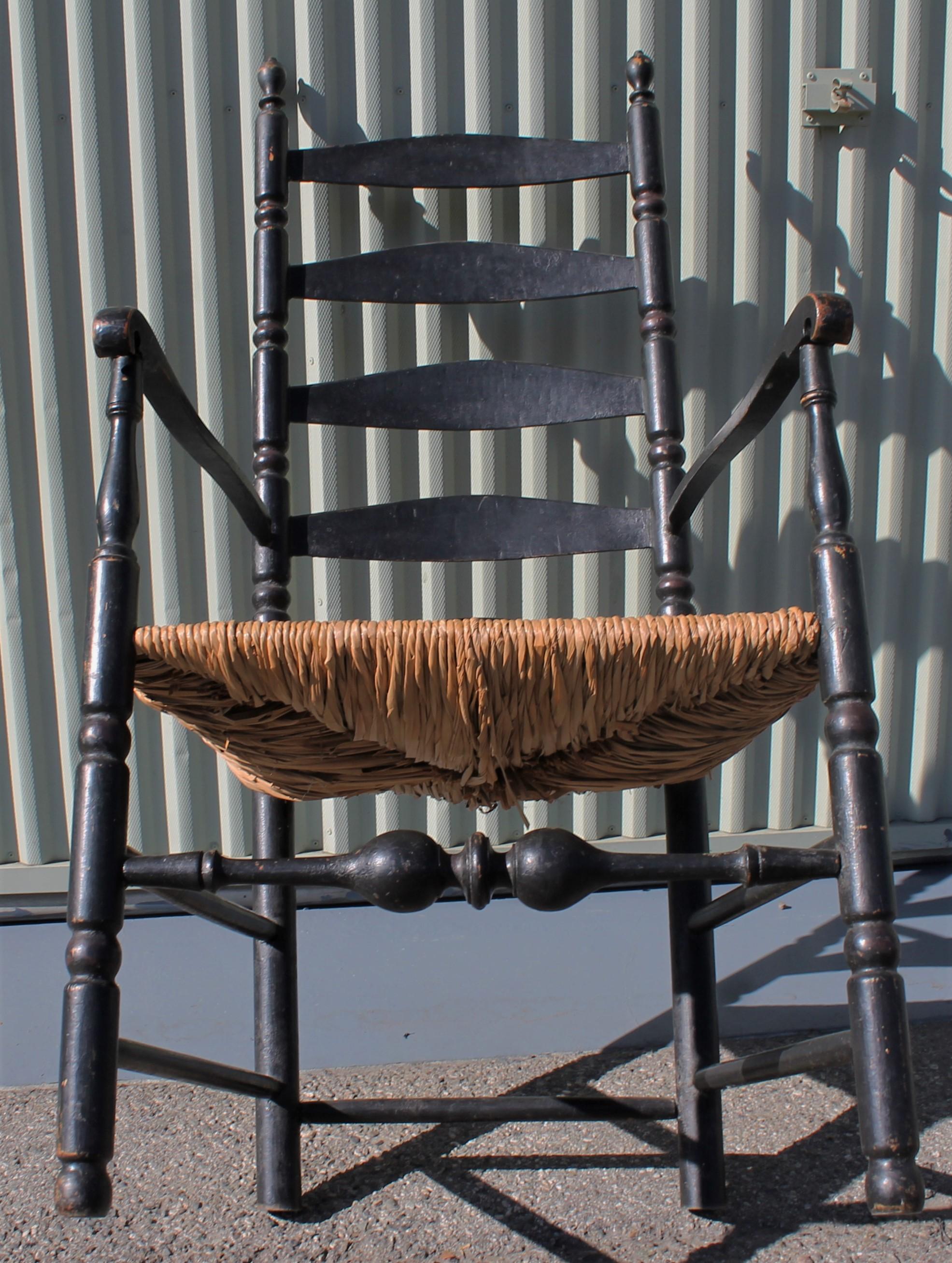 Hand-Crafted 18th Century New England Ladderback Chair in Original Black Paint For Sale