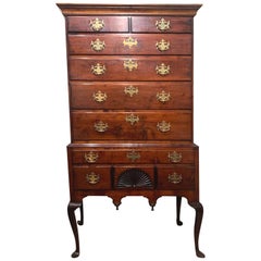 18th Century New England Maple Highboy with Carved Fan Decoration