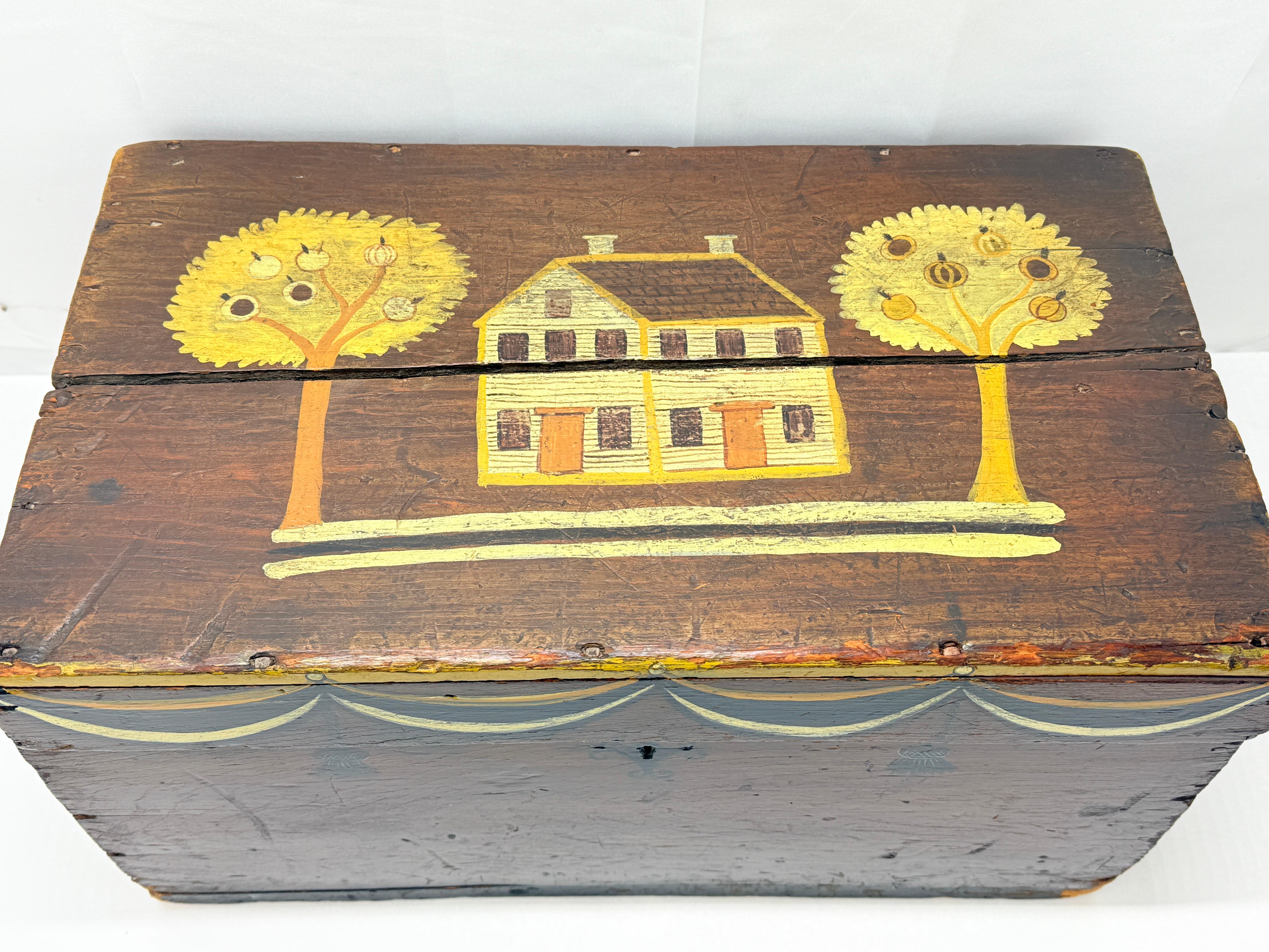 American 18th Century, New England Paint Decorated Folk Art Box or Crate For Sale