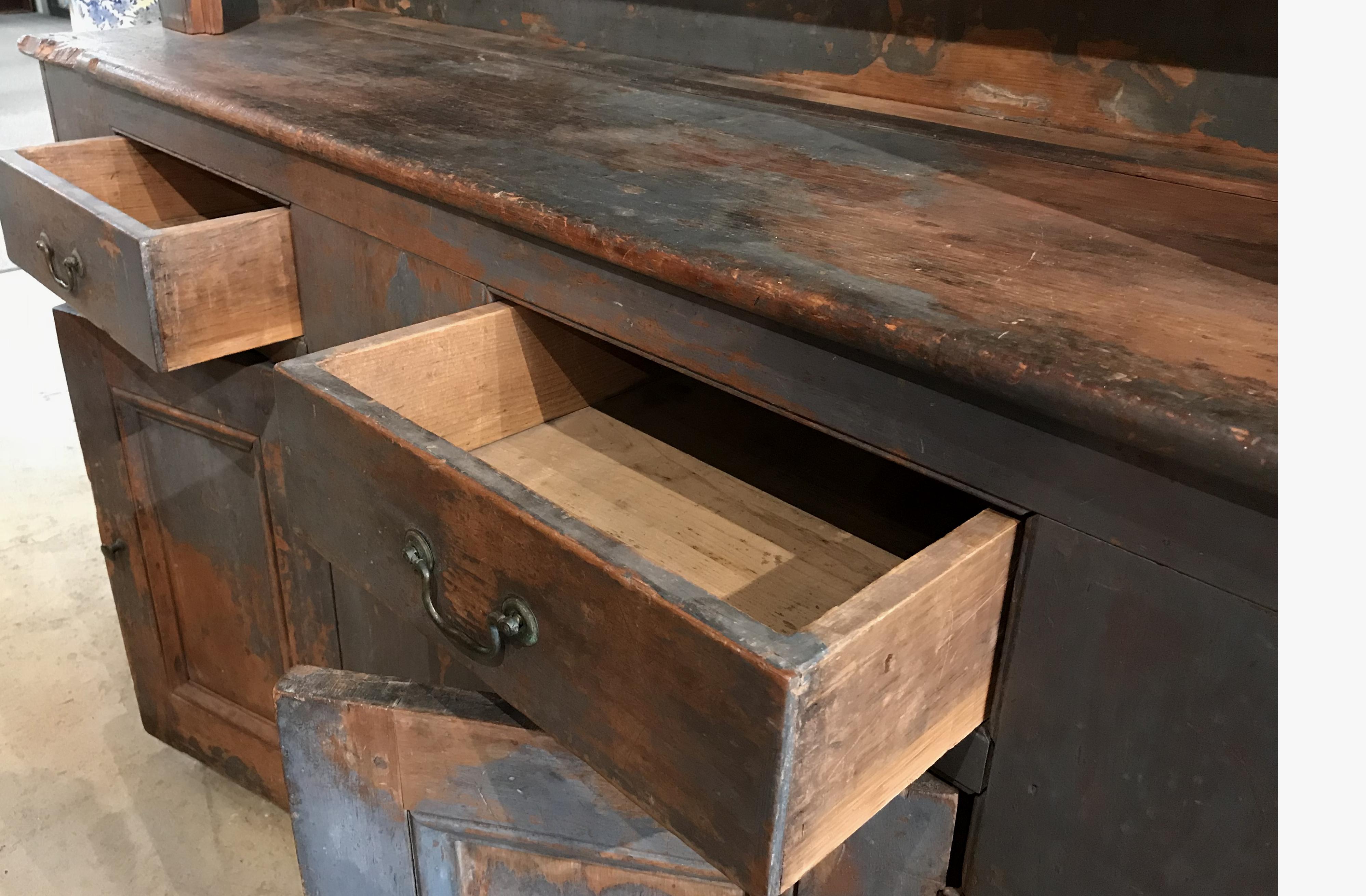 Hand-Carved 18th Century New England Primitive Blue Painted Pewter Cupboard or Hutch