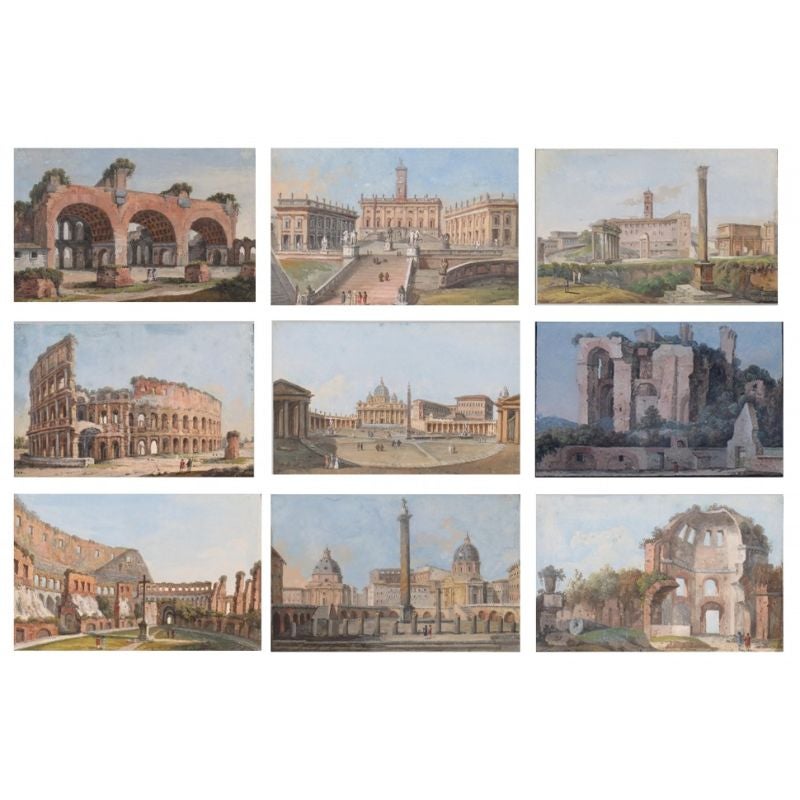 Peinture de Tempera sur papier du 18ème siècle, neuf vues de Rome