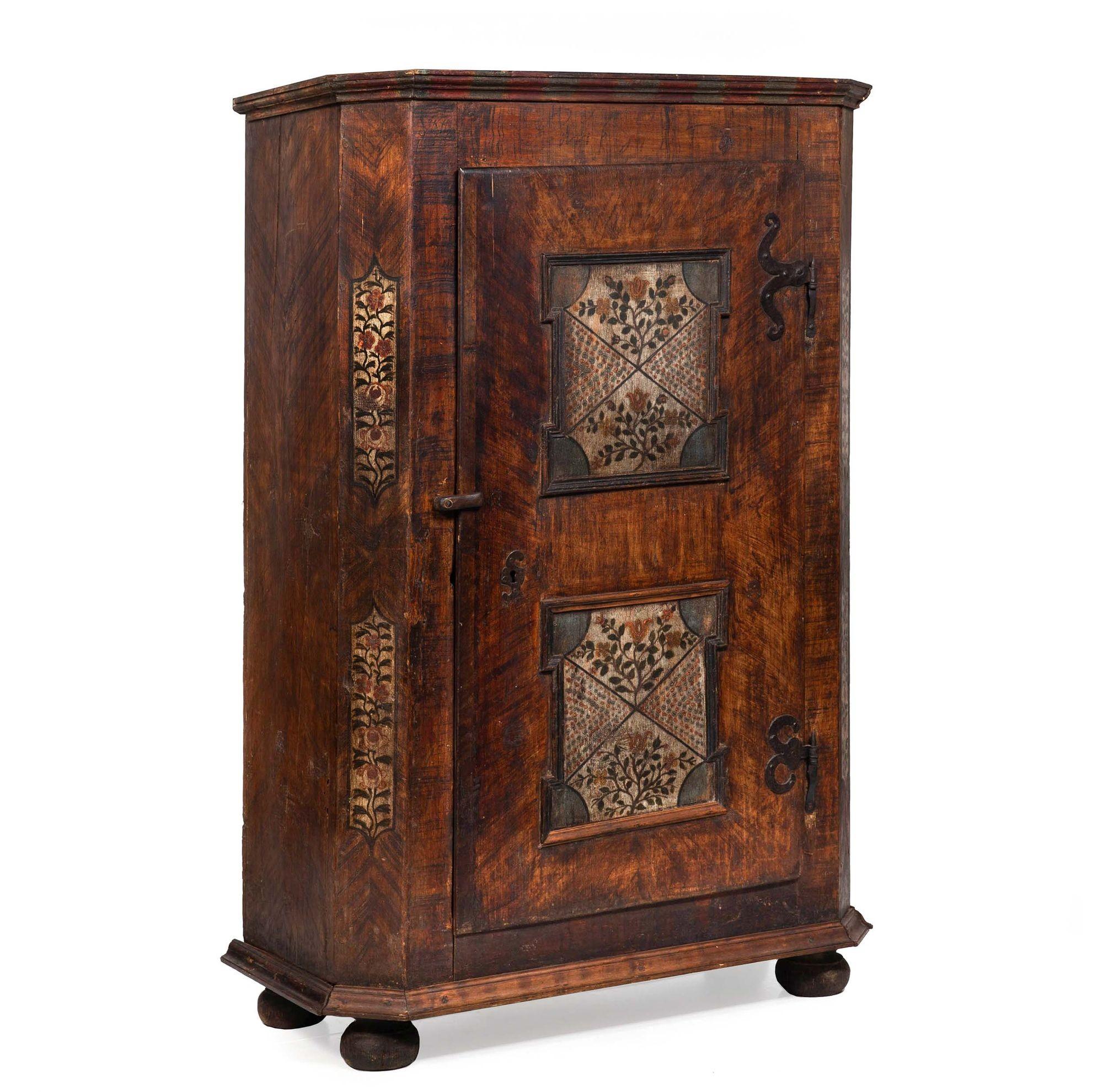 NORTHERN EUROPEAN PAINTED ONE-DOOR WARDROBE OR CUPBOARD
18th century and later with restorations
Item # 407RVF11P

A lovely and very useful cupboard of good dimensions, it features a single door on wrought-iron hinges opening to reveal a shelved