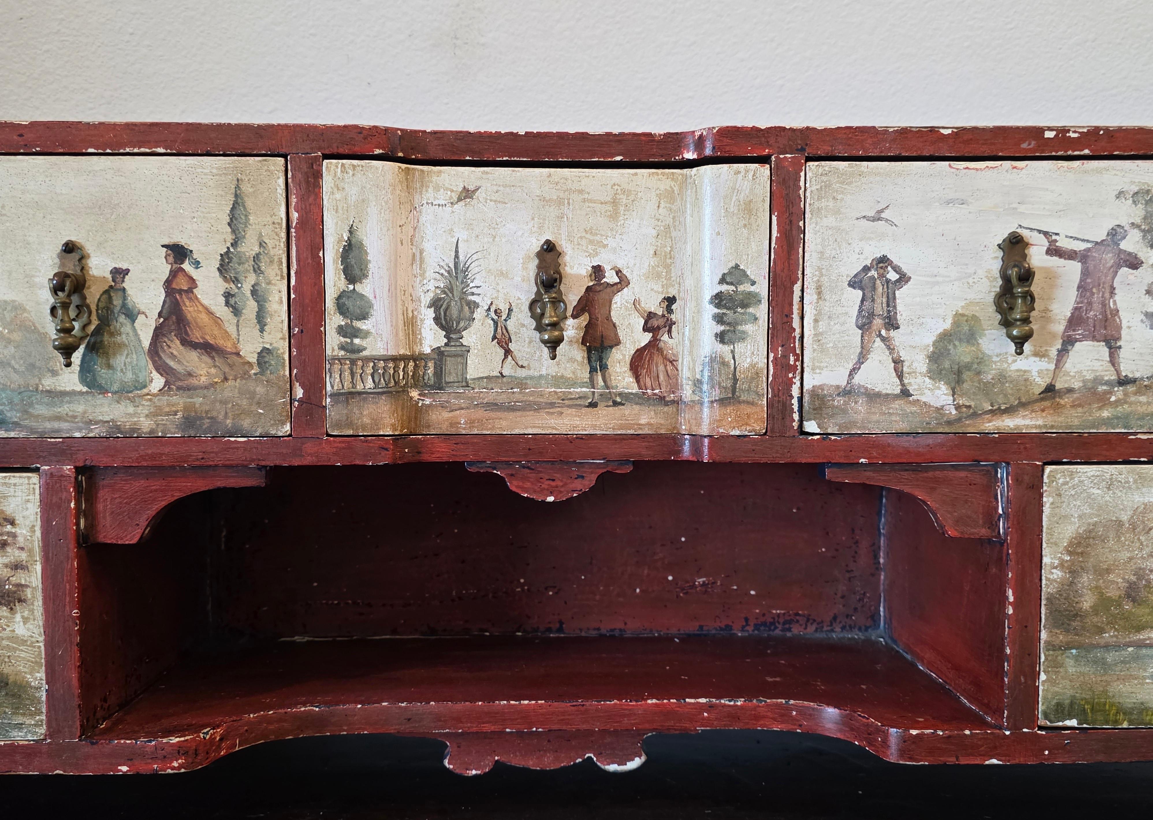 XVIIIe siècle Italie du Nord Cabinet de table ancien en bois polychrome Lacca Povera en vente 2