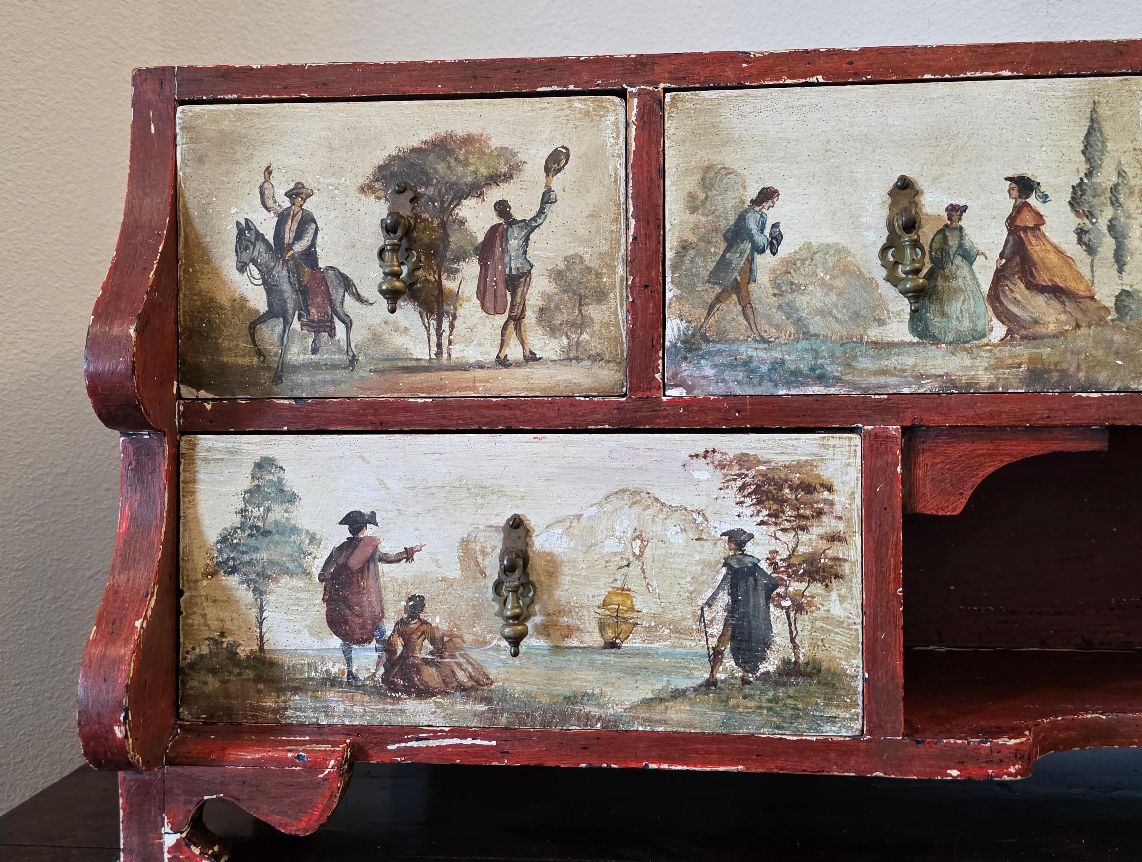 XVIIIe siècle Italie du Nord Cabinet de table ancien en bois polychrome Lacca Povera en vente 3
