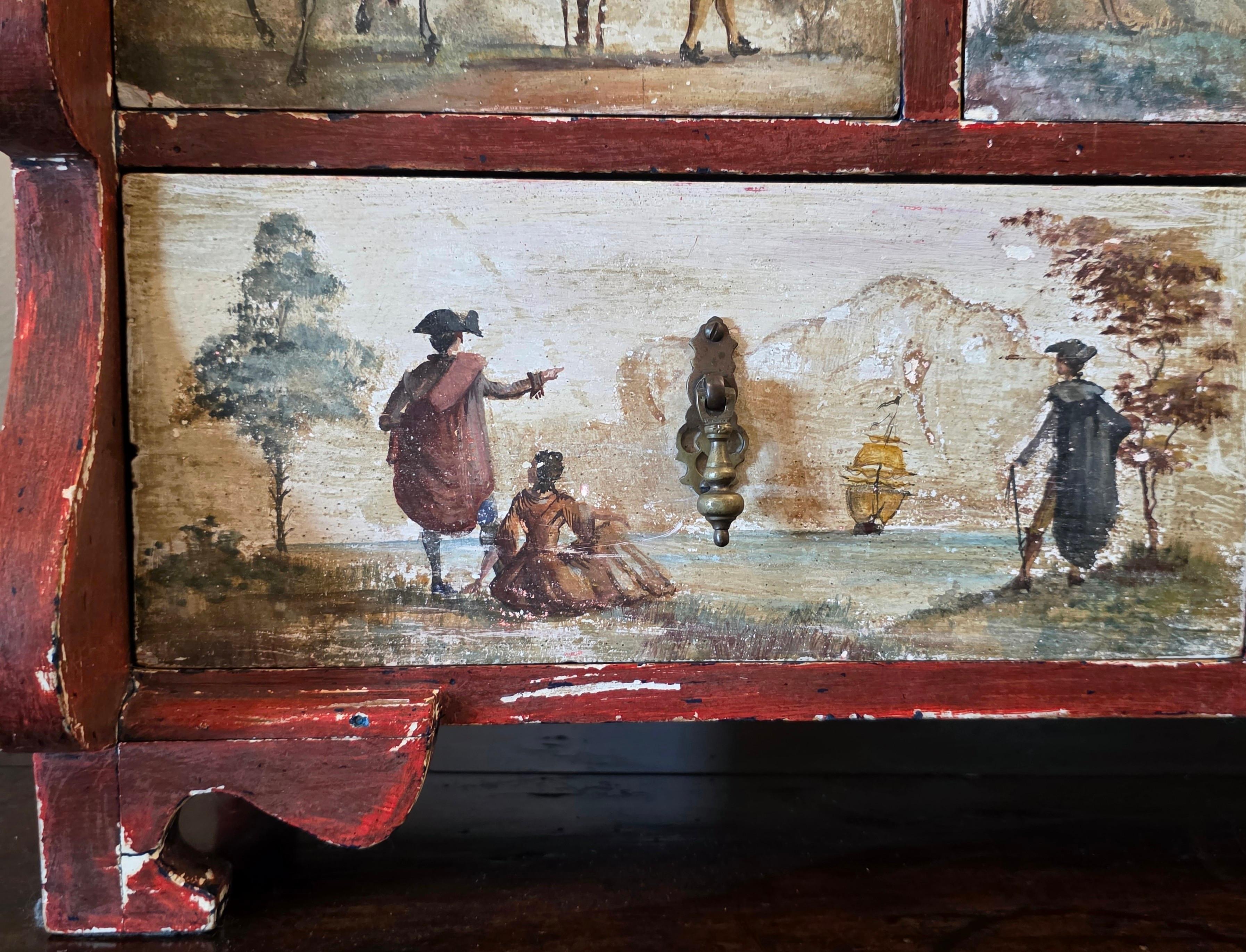 XVIIIe siècle Italie du Nord Cabinet de table ancien en bois polychrome Lacca Povera en vente 4