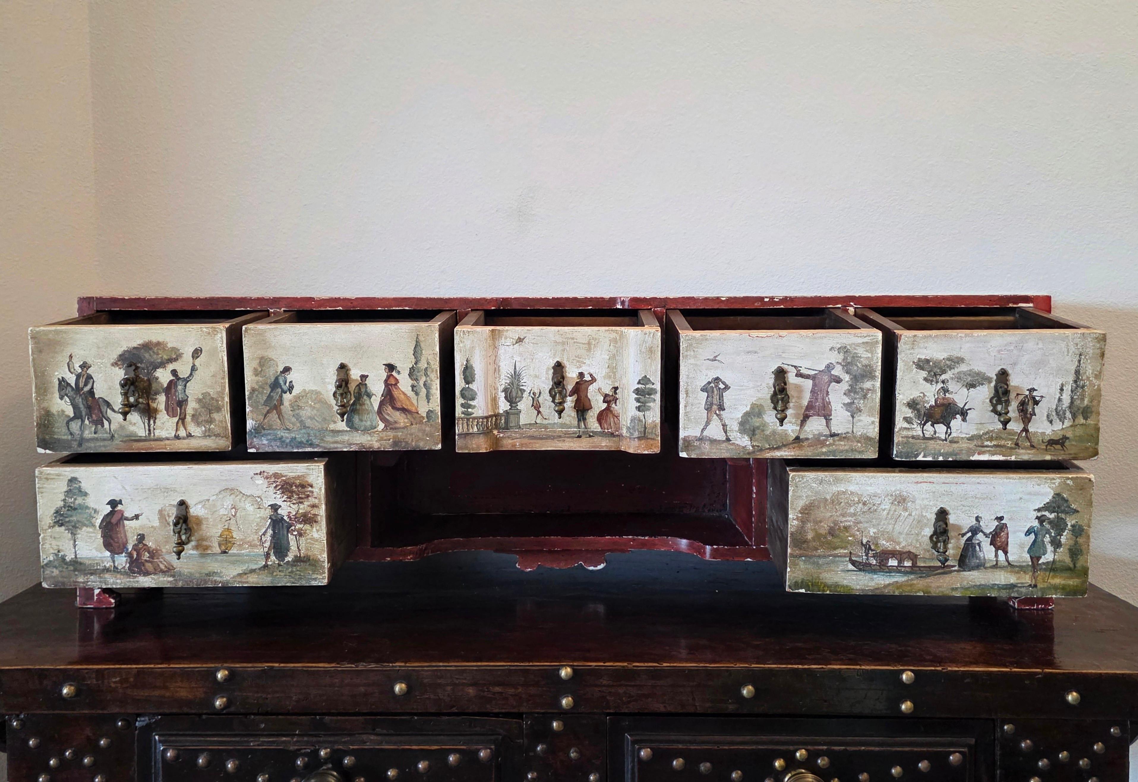 XVIIIe siècle Italie du Nord Cabinet de table ancien en bois polychrome Lacca Povera en vente 6