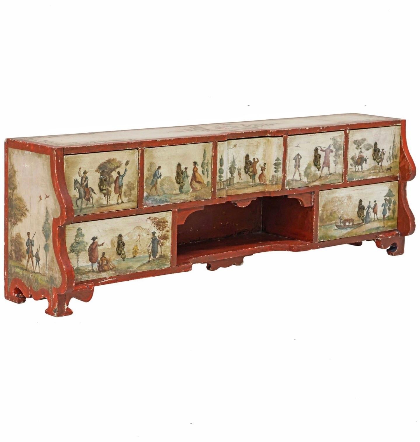 XVIIIe siècle Italie du Nord Cabinet de table ancien en bois polychrome Lacca Povera en vente 10