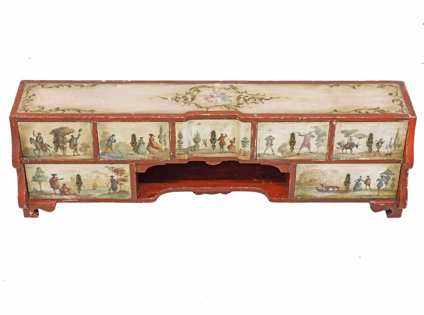 XVIIIe siècle Italie du Nord Cabinet de table ancien en bois polychrome Lacca Povera en vente 11