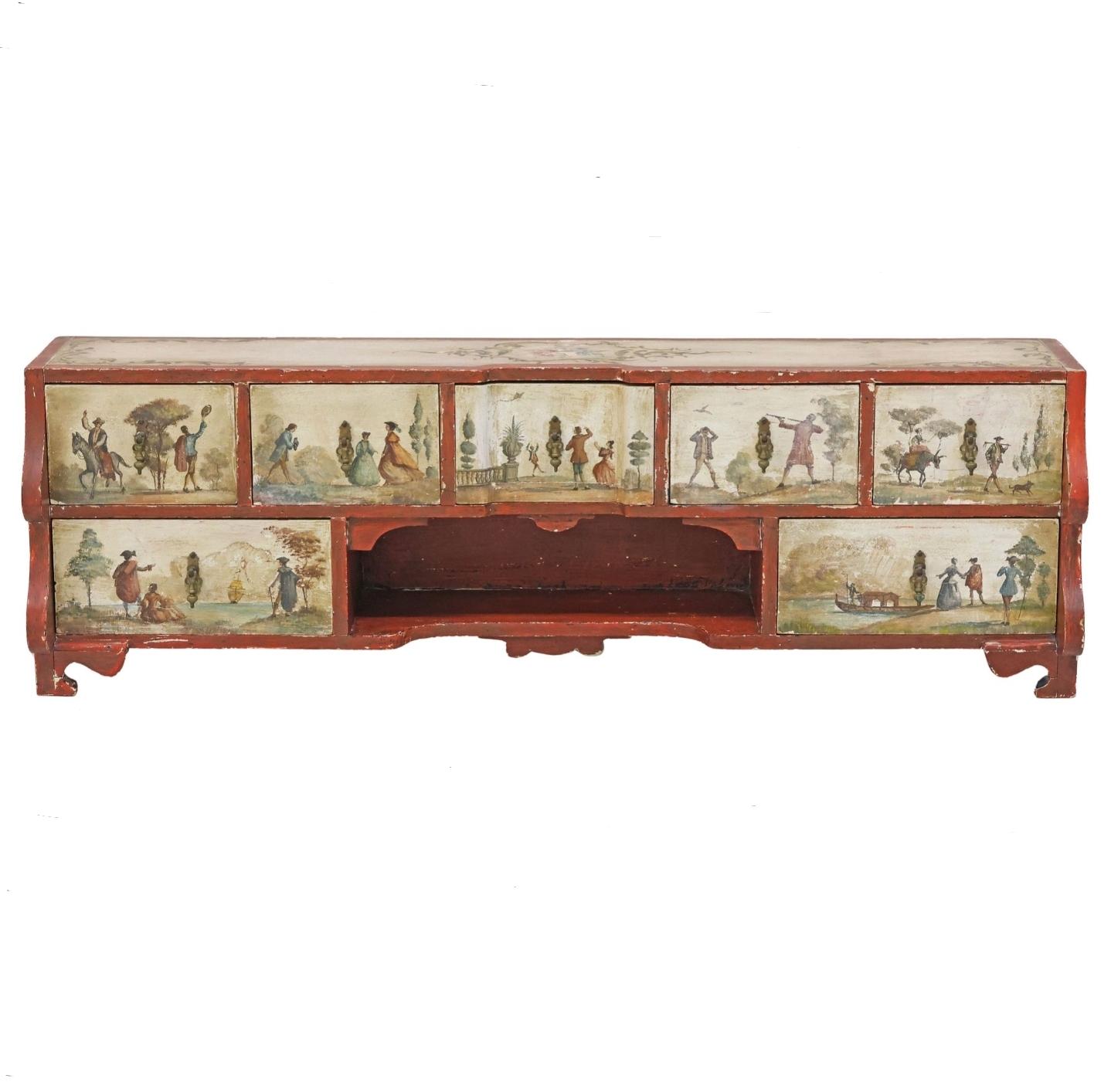 XVIIIe siècle Italie du Nord Cabinet de table ancien en bois polychrome Lacca Povera en vente 12