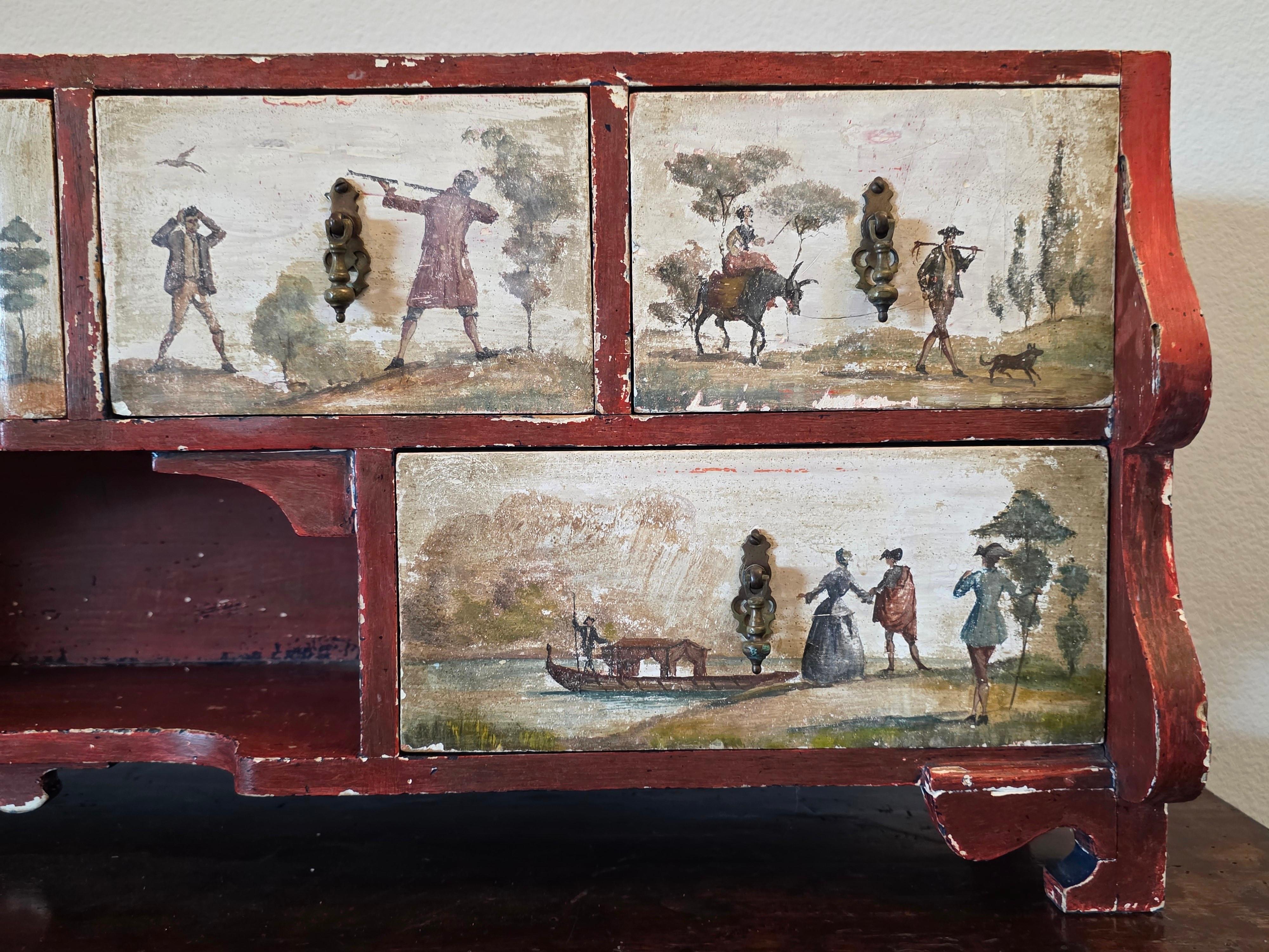 XVIIIe siècle Italie du Nord Cabinet de table ancien en bois polychrome Lacca Povera en vente 1