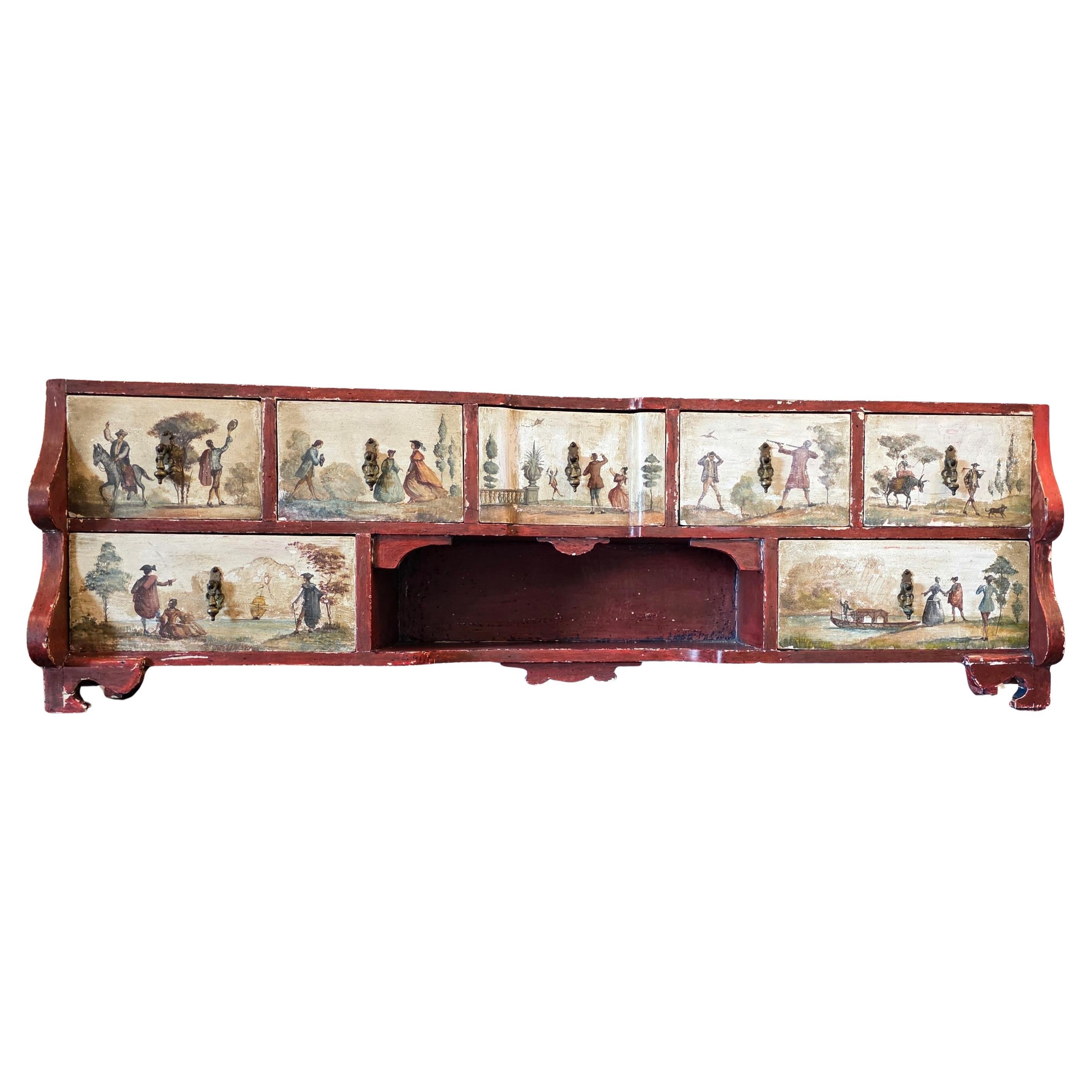 XVIIIe siècle Italie du Nord Cabinet de table ancien en bois polychrome Lacca Povera en vente