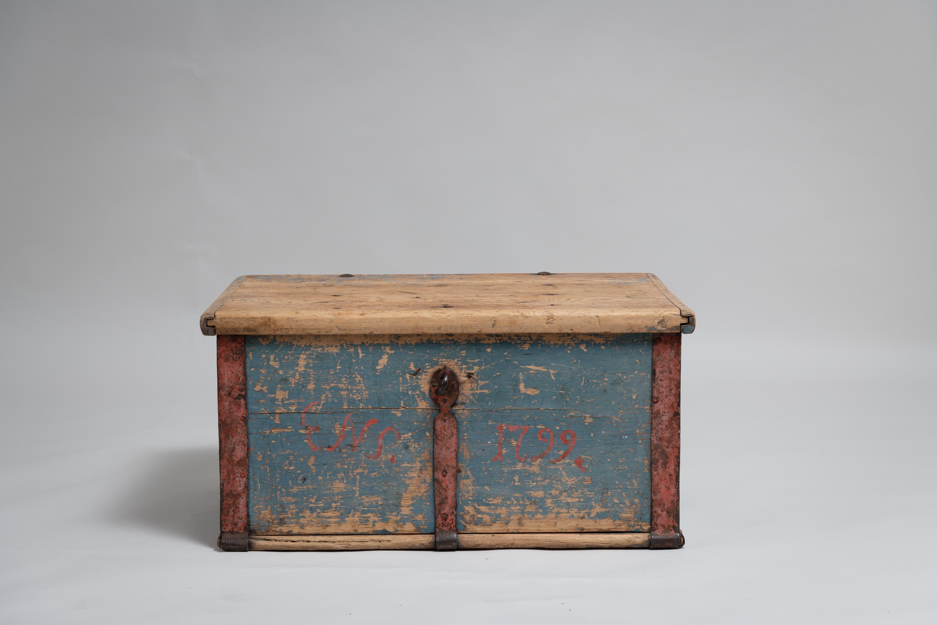 Northern Swedish blue Folk Art chest dated 1799 and monogrammed ENS. It’s very unusual to find such early datings and in this case it’s authentic. Untouched original condition with the original blue paint. Genuine patina and distress after use. From