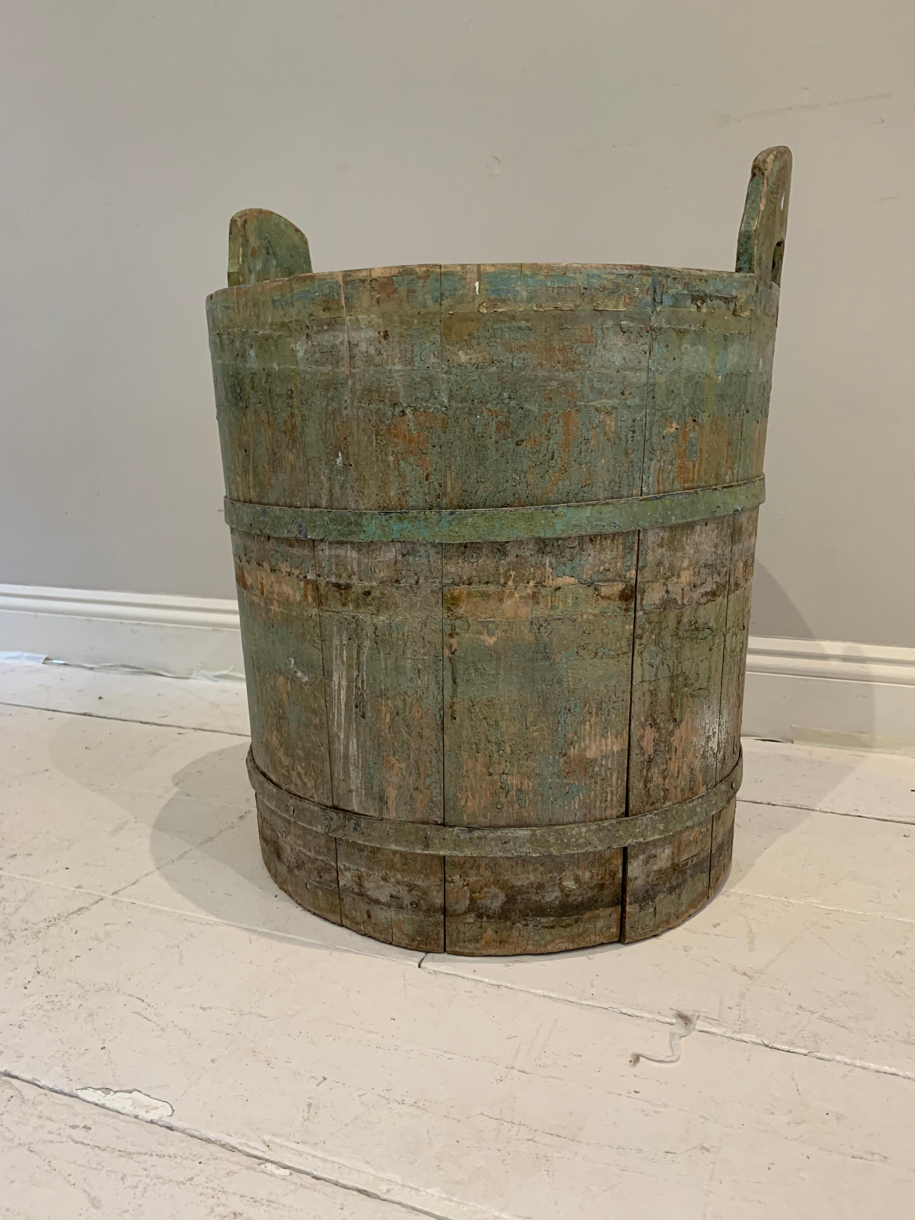 18th Century Northern Swedish Rustic Green Painted Decorative Handled Barrel For Sale 2