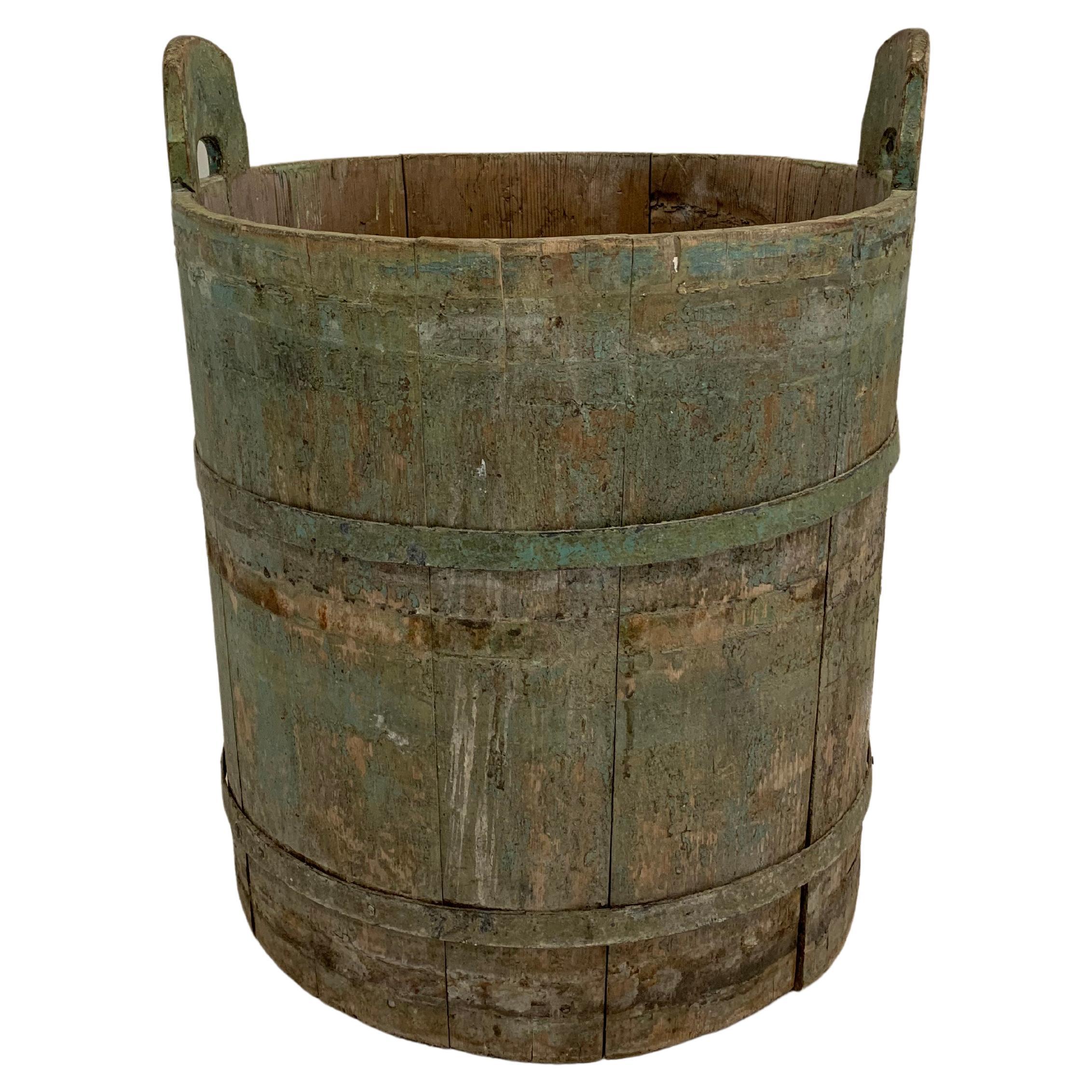 18th Century Northern Swedish Rustic Green Painted Decorative Handled Barrel For Sale