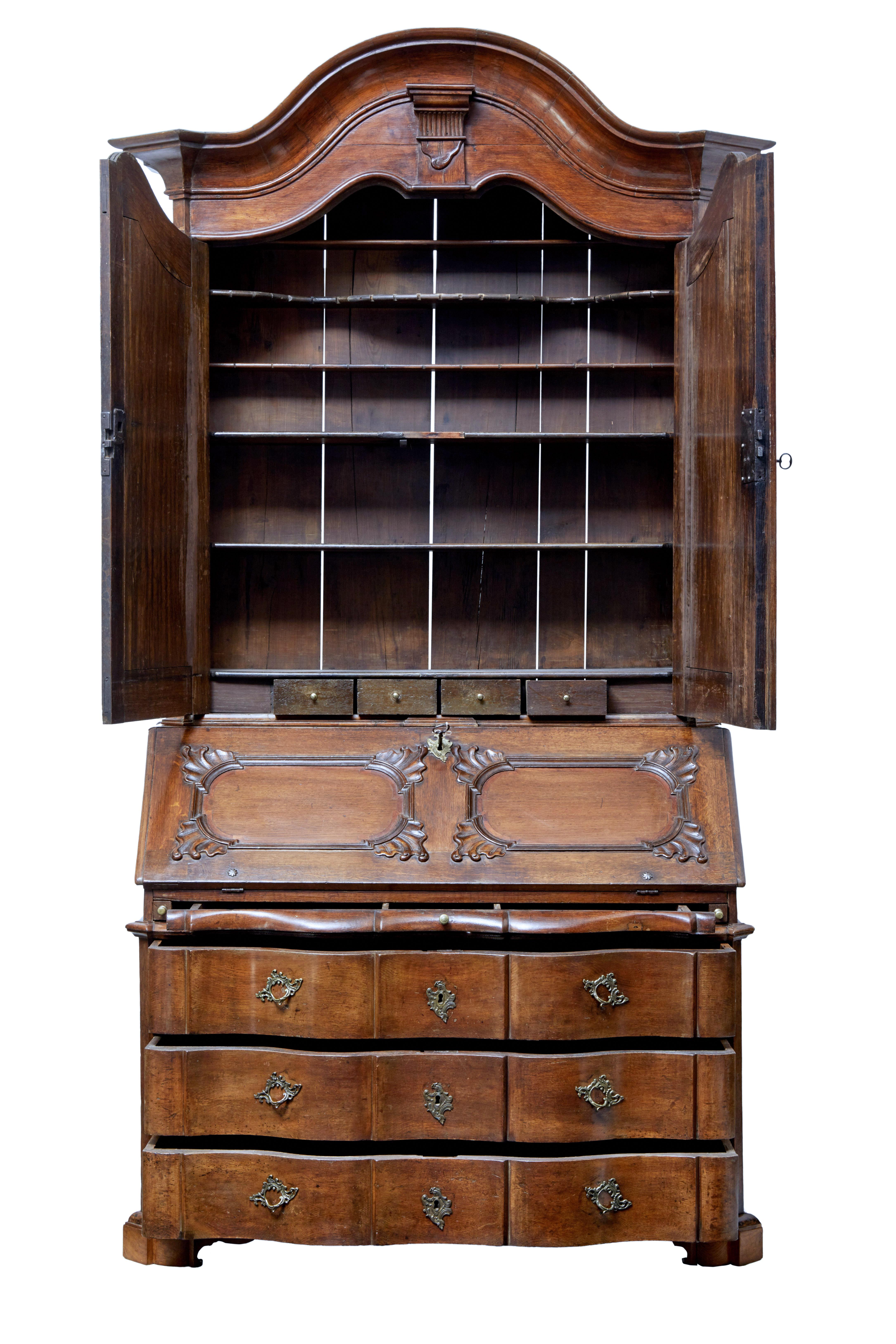 Baroque 18th Century Norwegian Carved Oak Bureau Bookcase