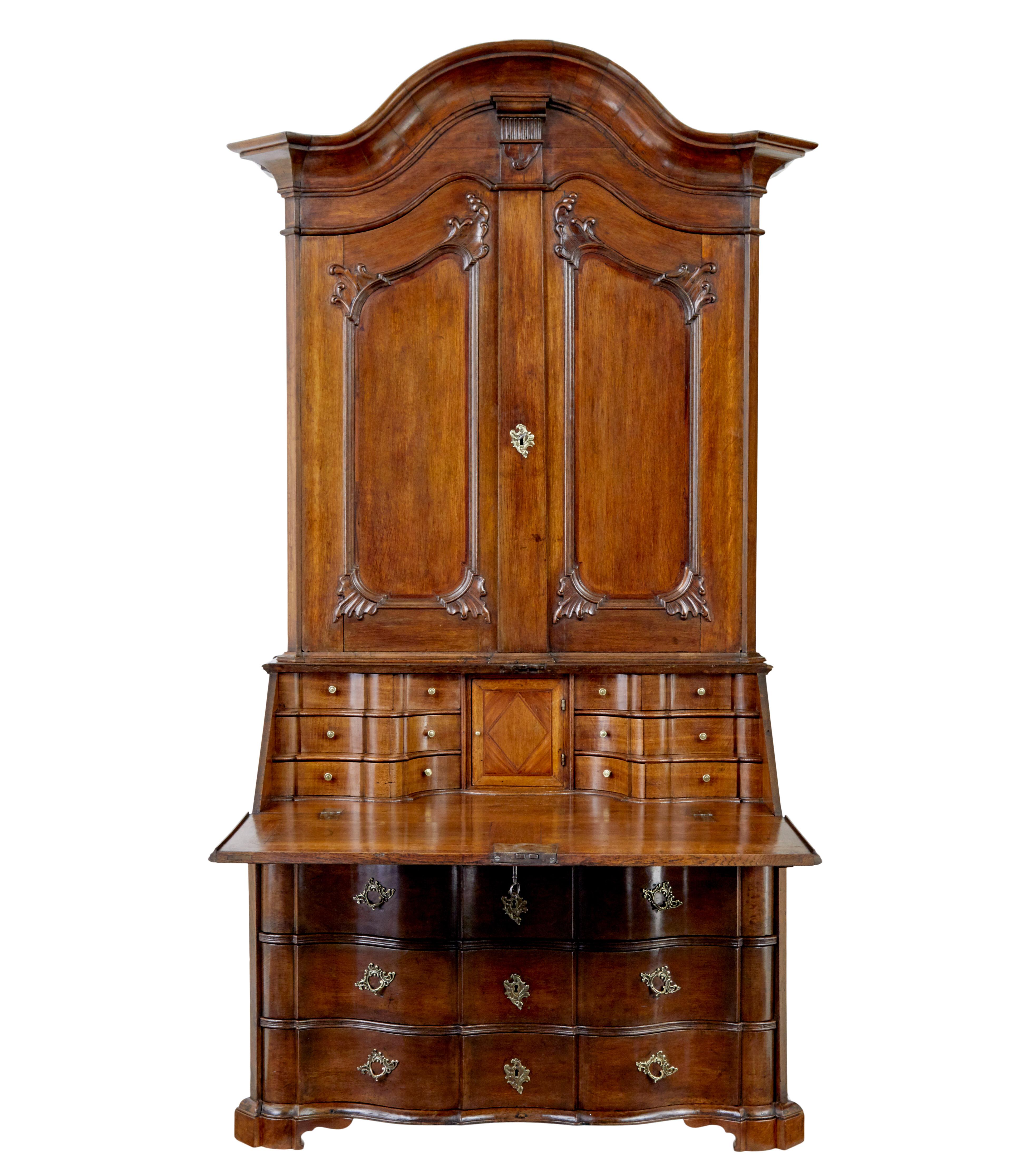 Baroque Revival 18th century Norwegian carved oak bureau bookcase For Sale