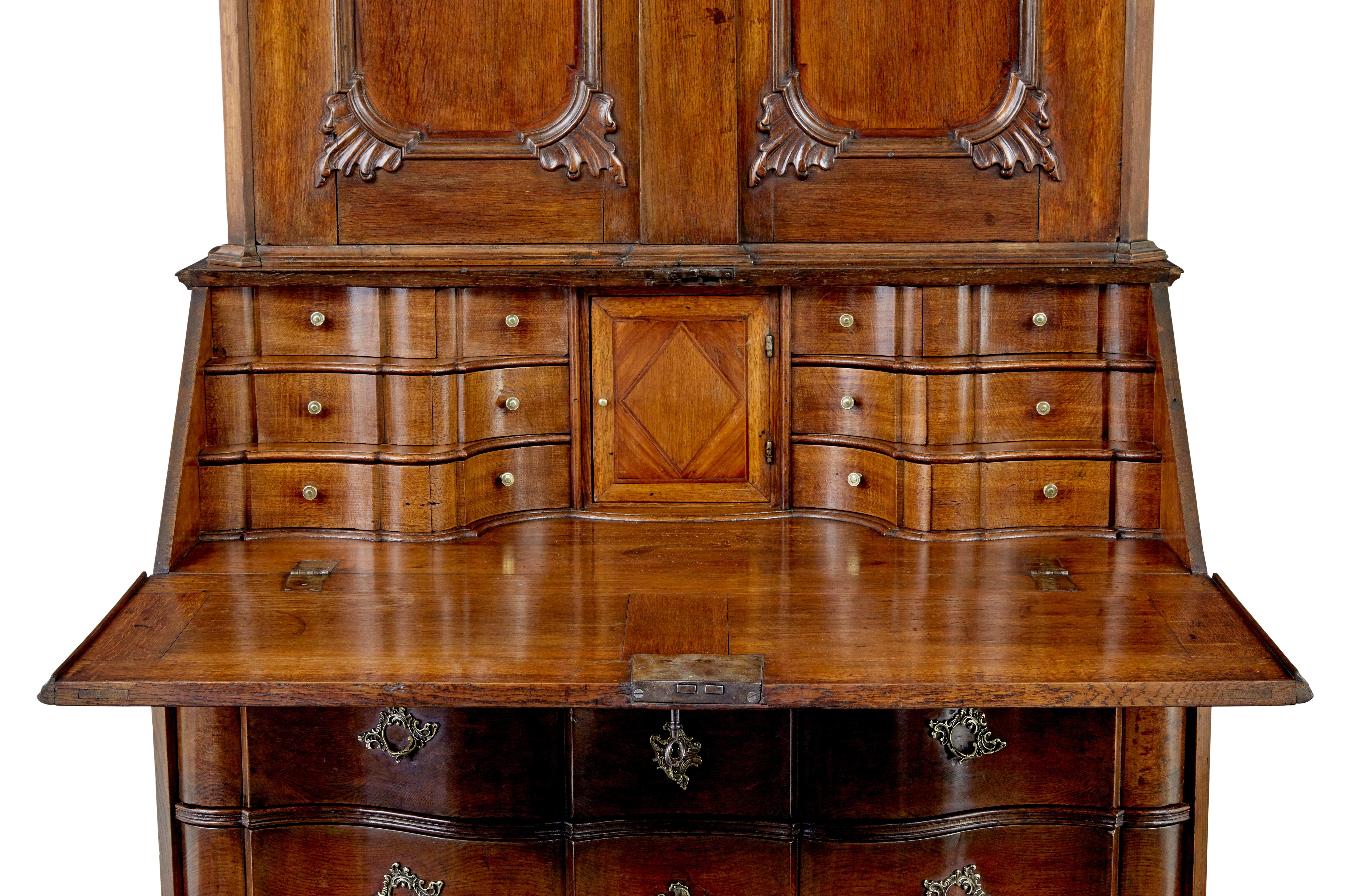 Carved 18th century Norwegian carved oak bureau bookcase For Sale