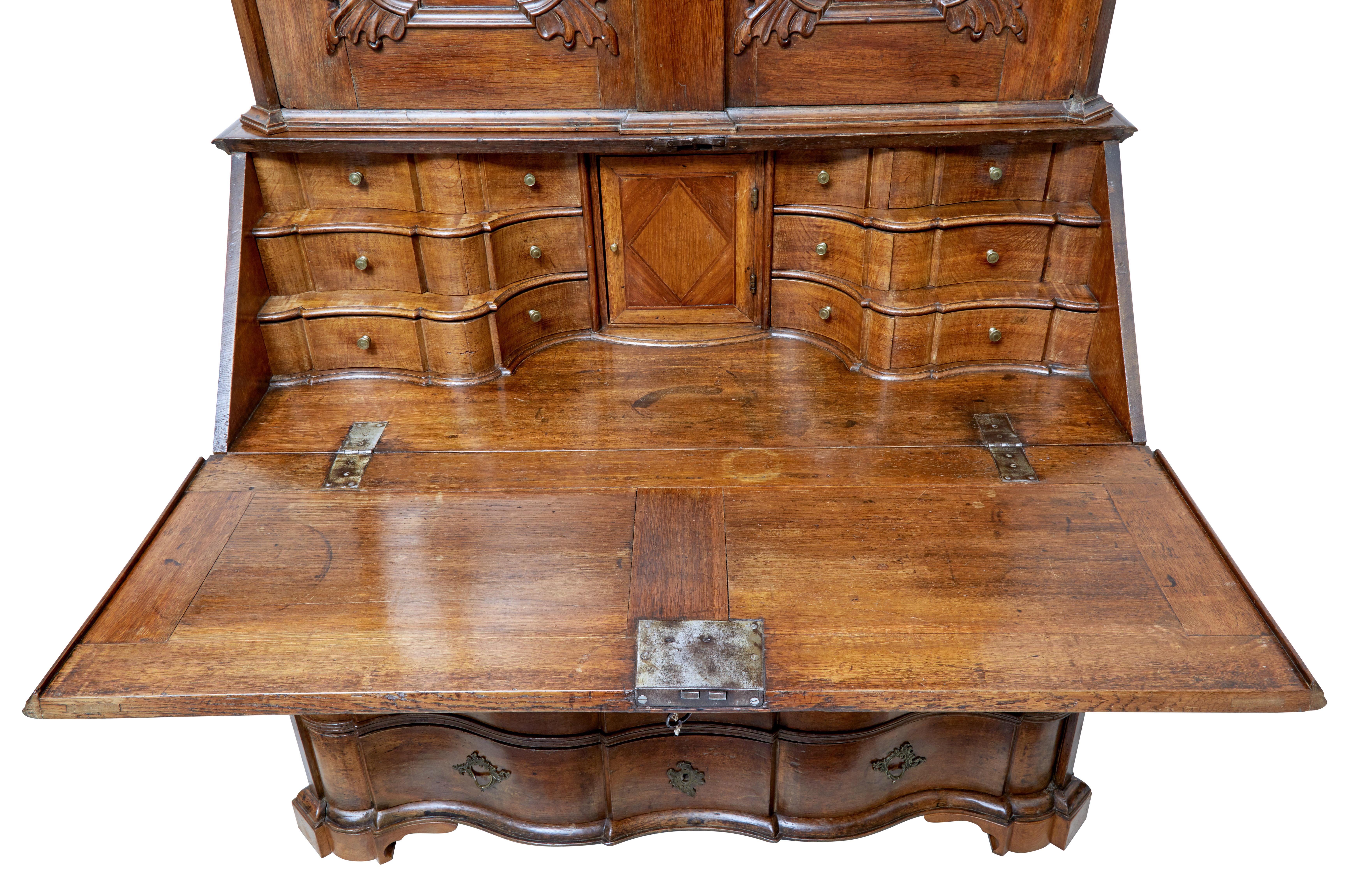 18th Century Norwegian Carved Oak Bureau Bookcase 1