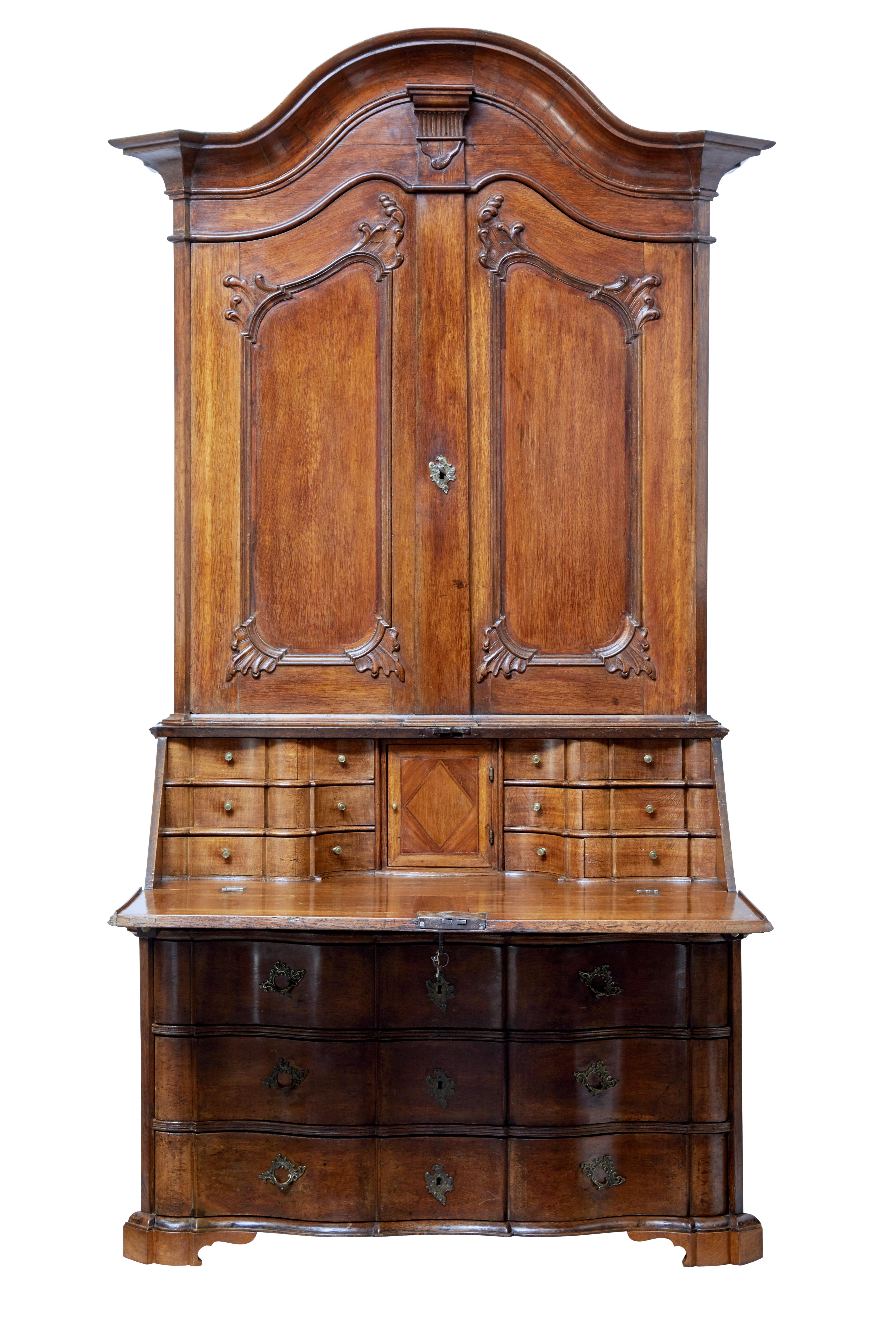 18th Century Norwegian Carved Oak Bureau Bookcase 1