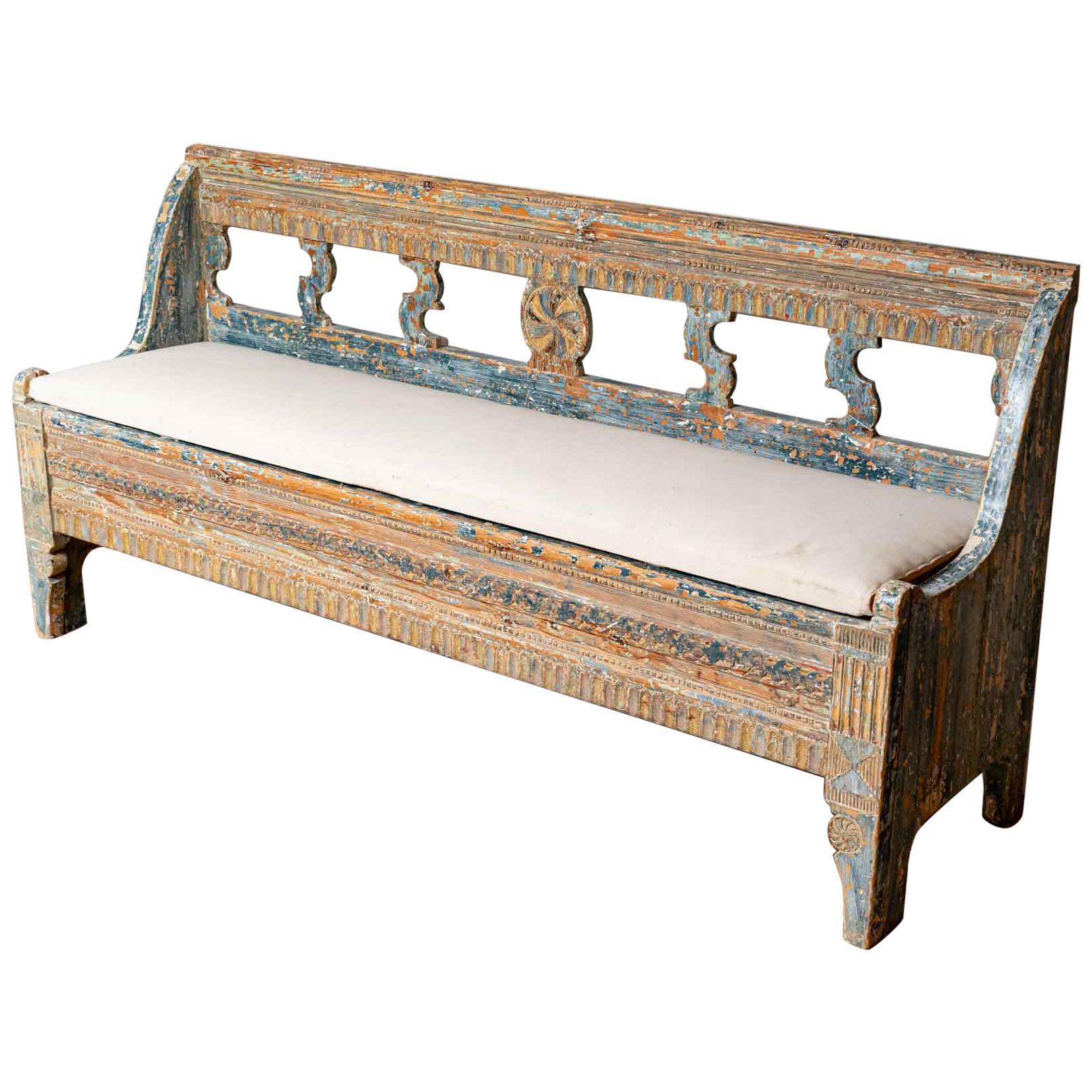18th Century Norwegian Storage Bench with Carved Back Detail and Original Paint