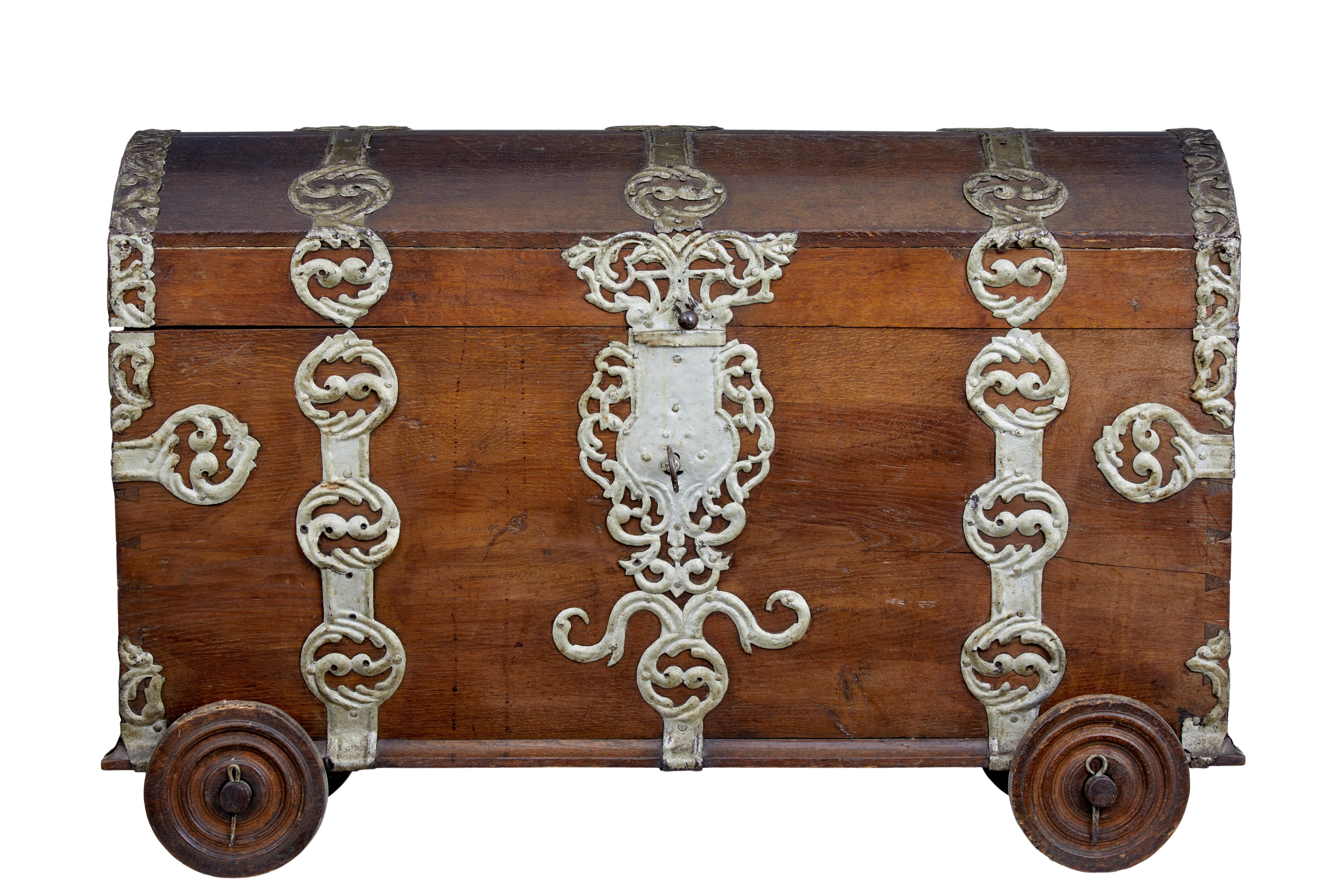 Baroque Revival 18th Century Oak and Metal Bound Trunk on Wheels