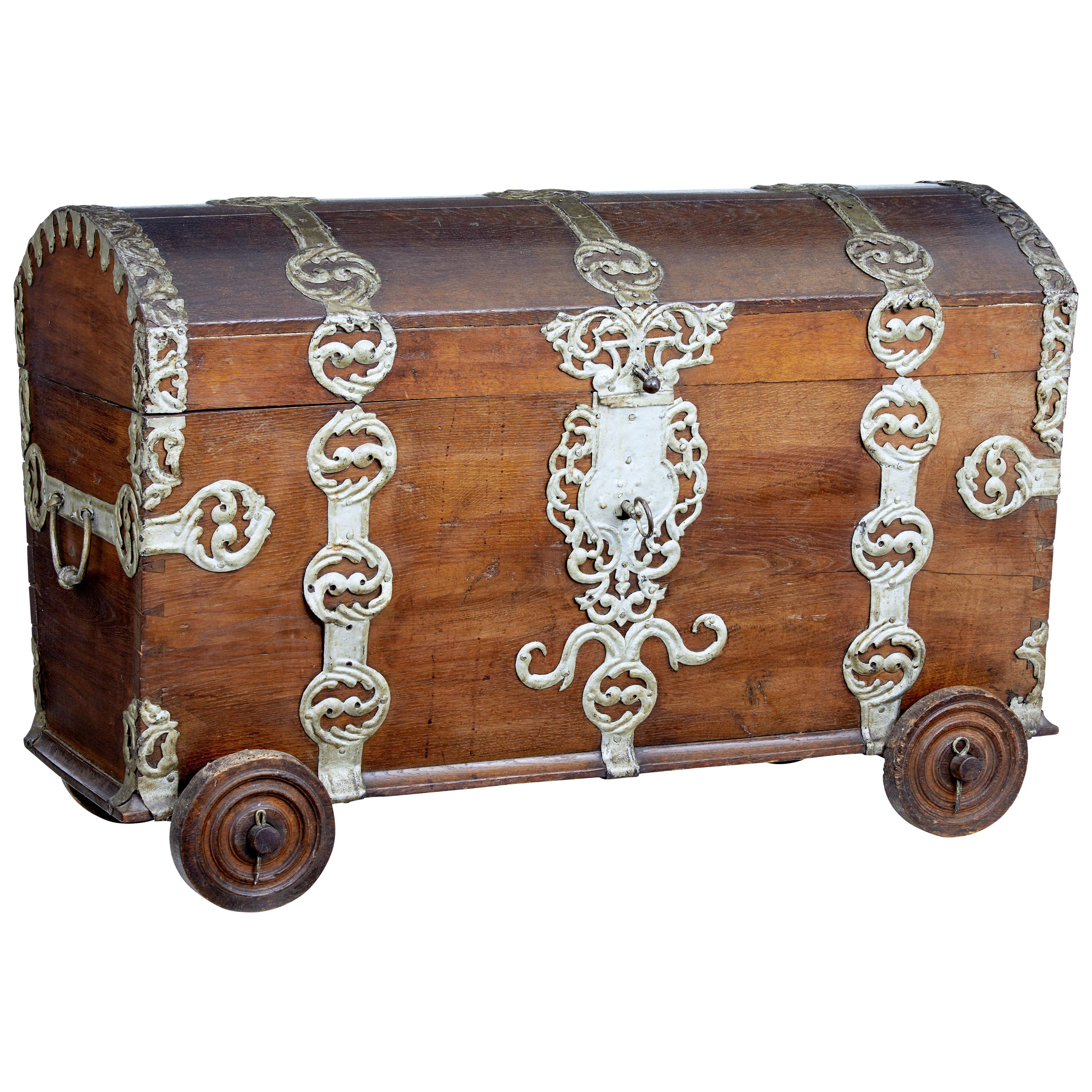 18th Century Oak and Metal Bound Trunk on Wheels