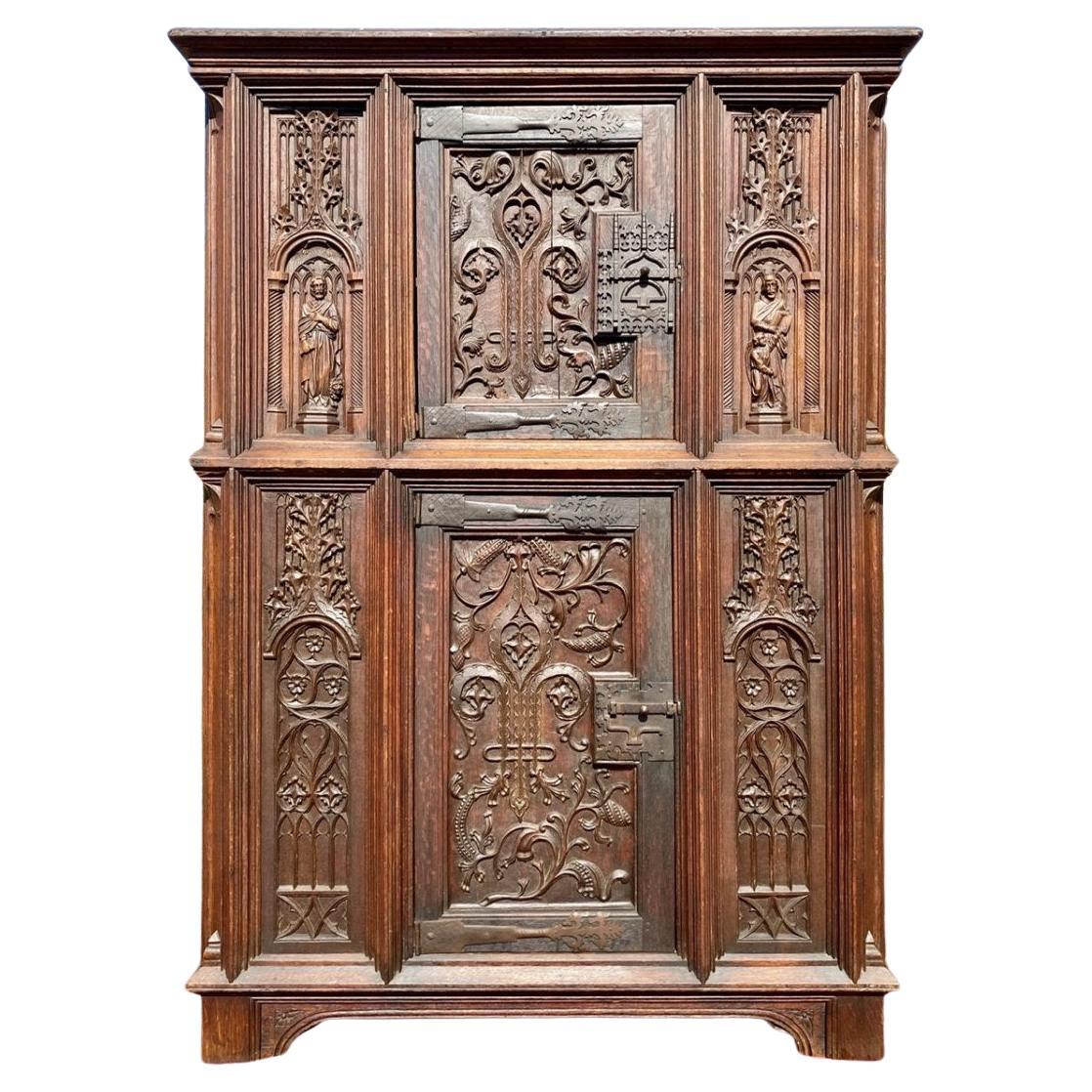 18th Century, Oak Carved Gothic Buffet/Armoire