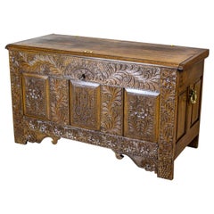 Highly Ornate 18th-Century Solid Oak Chest with Brass Rappers