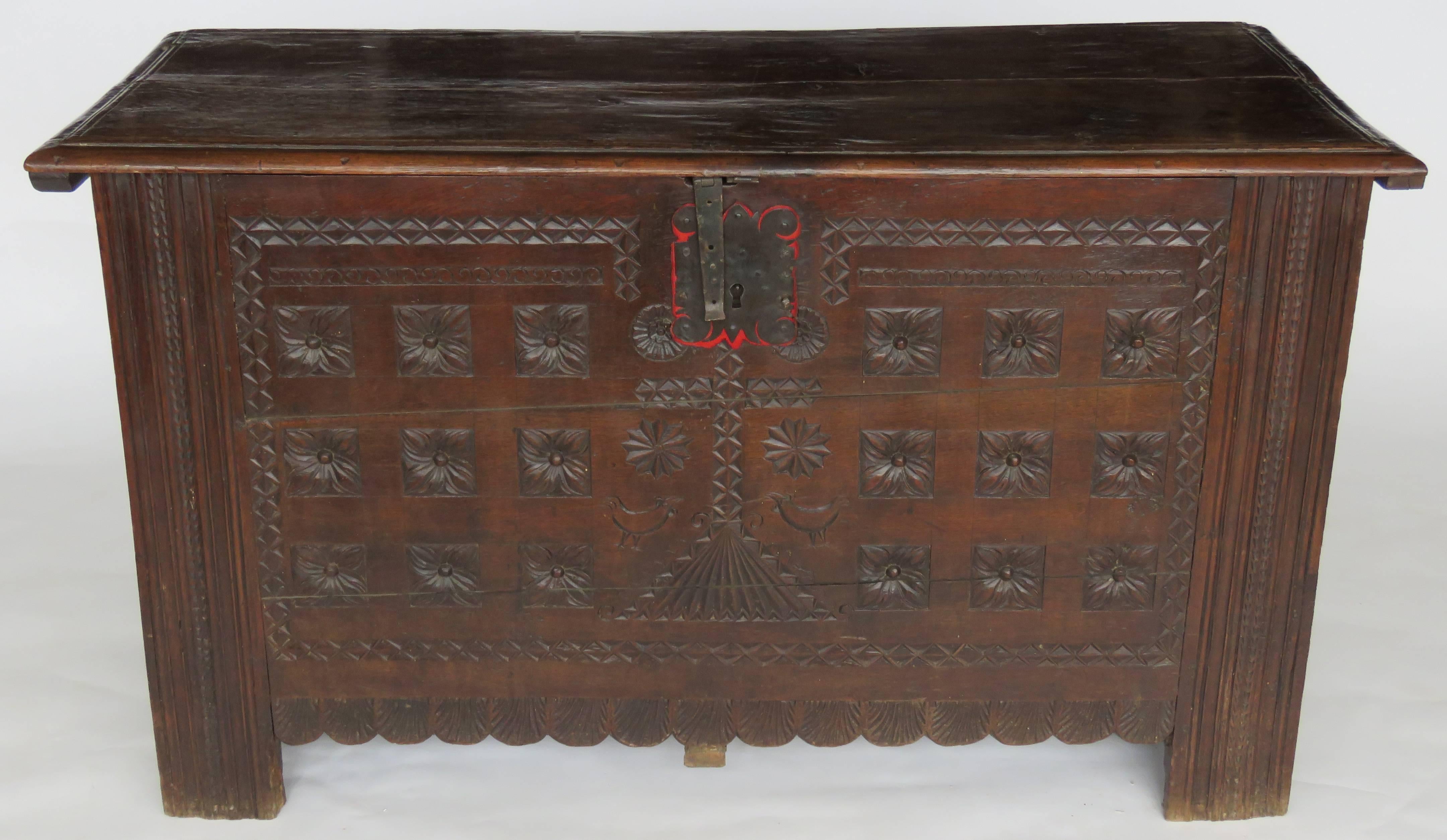 Hand-Carved 18th Century Oak Coffer, Trunk, Chest of Arms For Sale