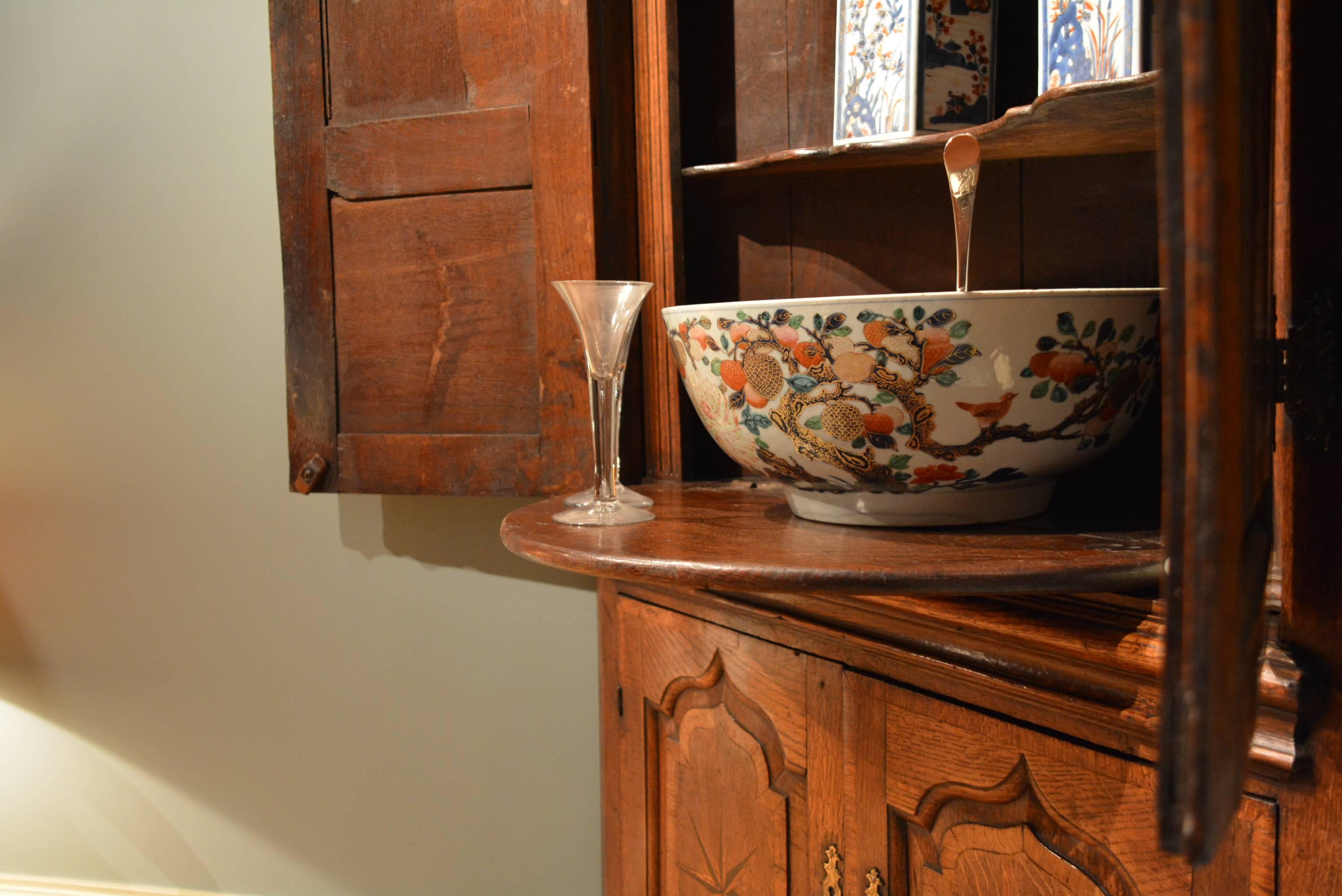 Brass 18th Century Oak Double Height Standing Corner Cupboard For Sale