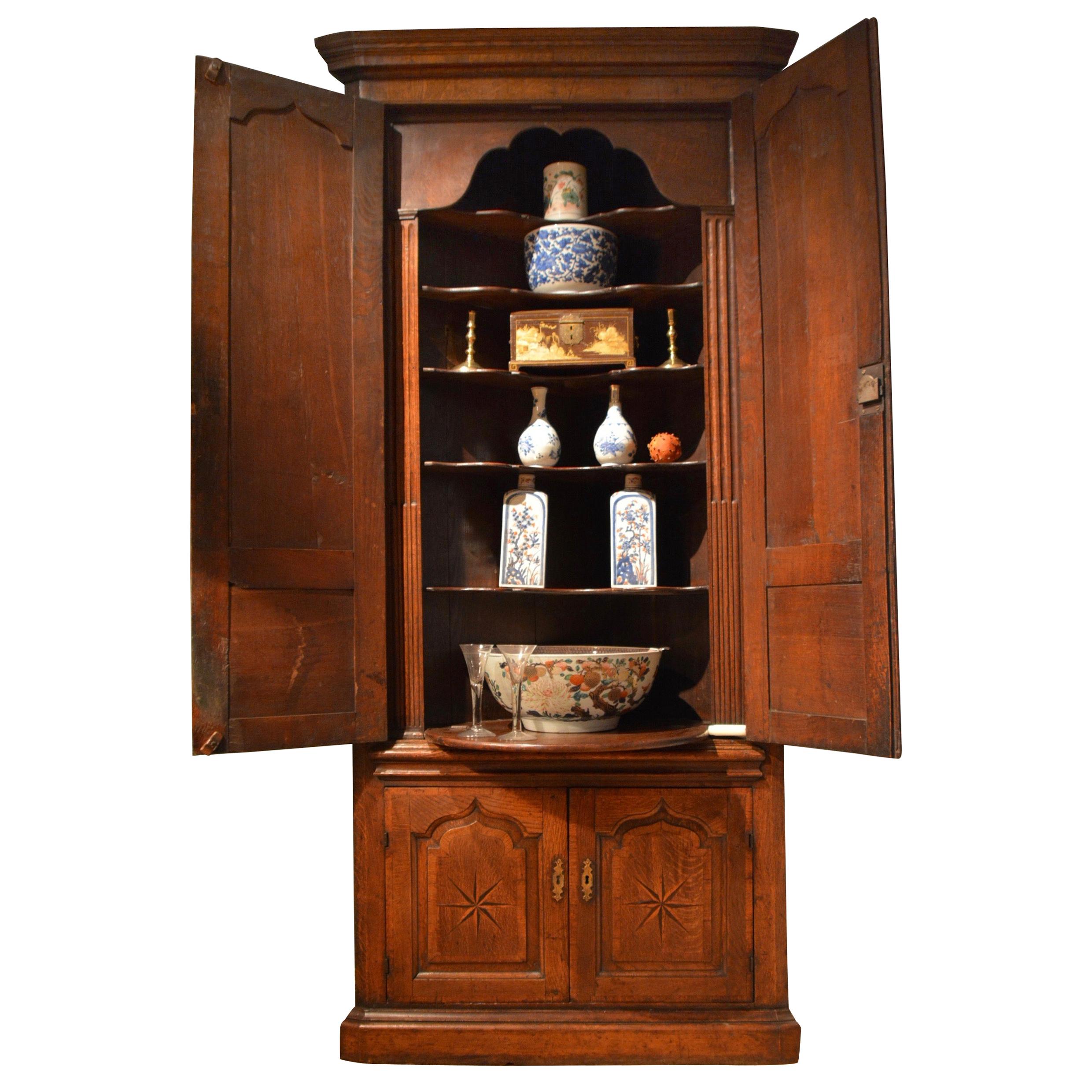 18th Century Oak Double Height Standing Corner Cupboard For Sale