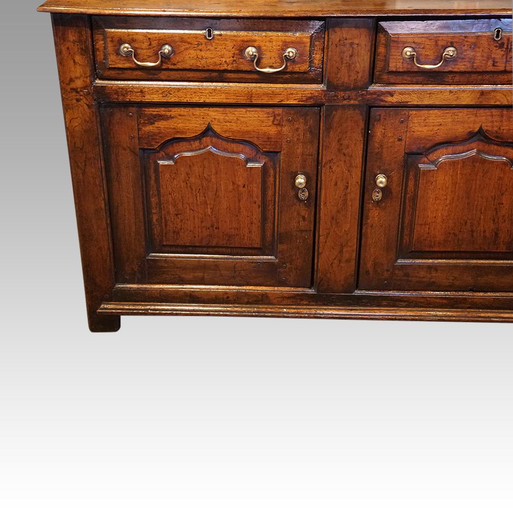 18th century Oak dresser base

This 18th century Oak dresser base was made circa 1740, it is of the most amazing golden honey colour and with a rich patina. You just want to stroke it as it looks so appealing.

The dresser is fitted a pair of