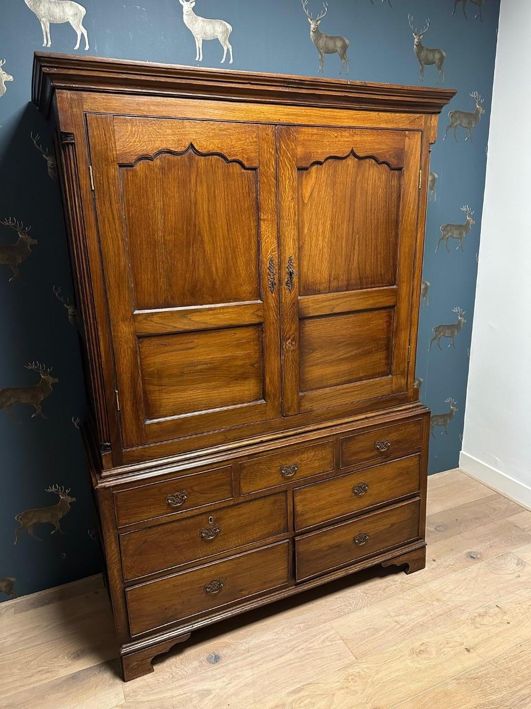 Beautiful oak Wales cabinet from the 18th century. In perfect condition and beautiful patina. This is a classic example of a Wales oak cabinet. 1st row of drawers are not real drawers and doors with Gothic panels. The entire cabinet is constructed