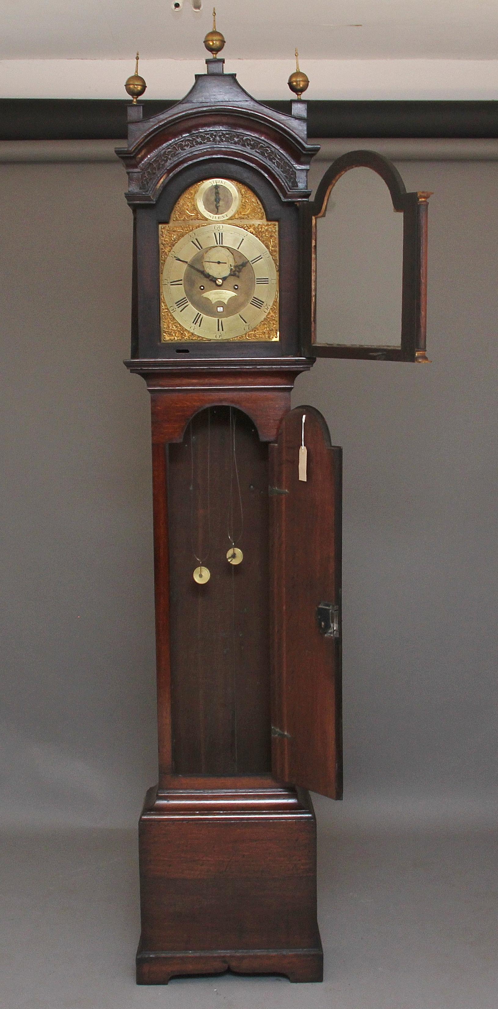 A fabulous quality 18th century oak long case clock by J Spendlove of Cambridge, having a eight day arched brass dial with a strike or silent and seconds dial, there is blind fret on the hood and also three brass finials. A really lovely clock and