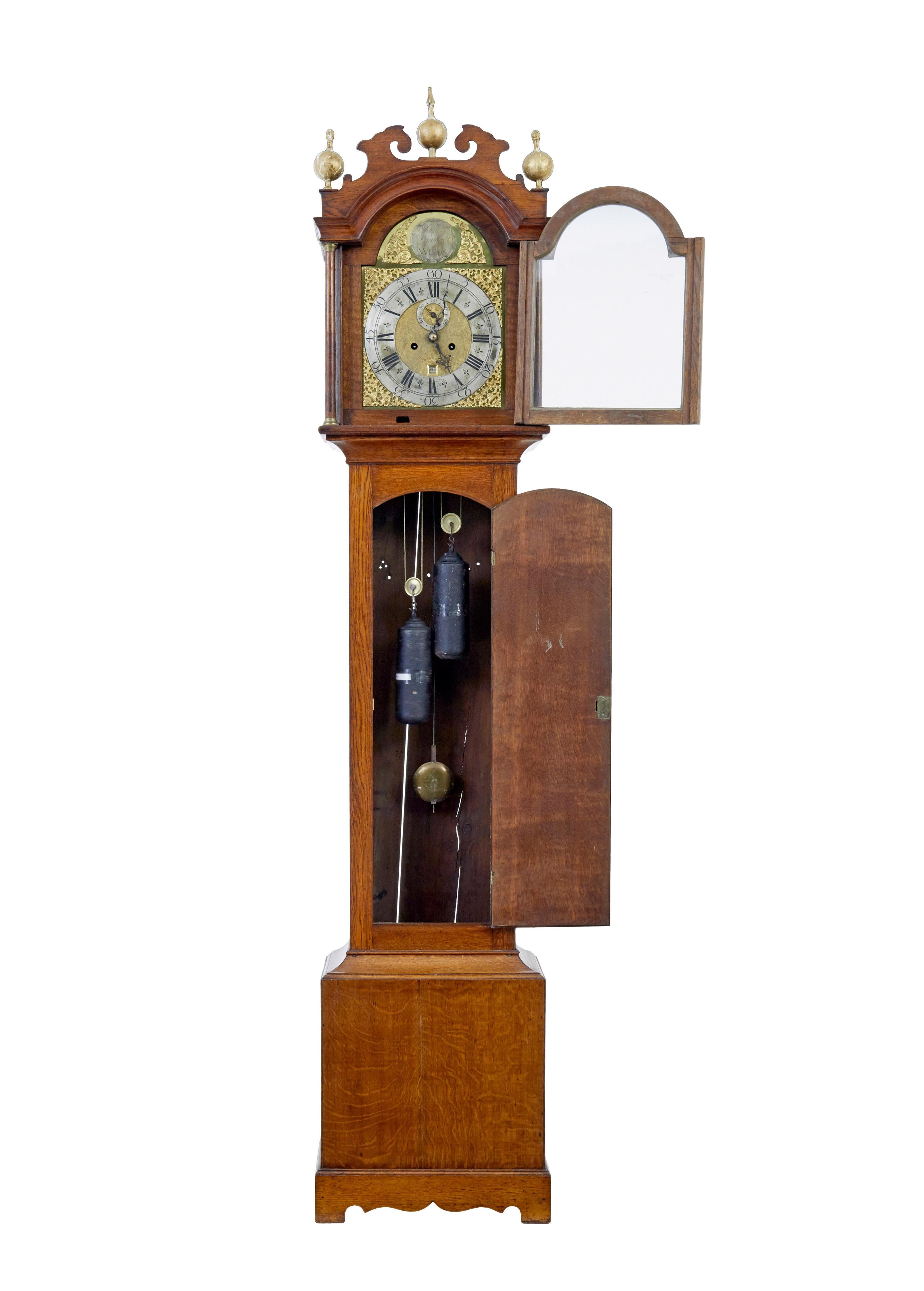 18th century oak longcase clock by james draycot wells, circa 1790.

Excellent quality golden oak longcase clock. Second hand dial, date and baring the makers disc at the top.

Hood with decorative cornice and 3 gilt finials complete with glazed