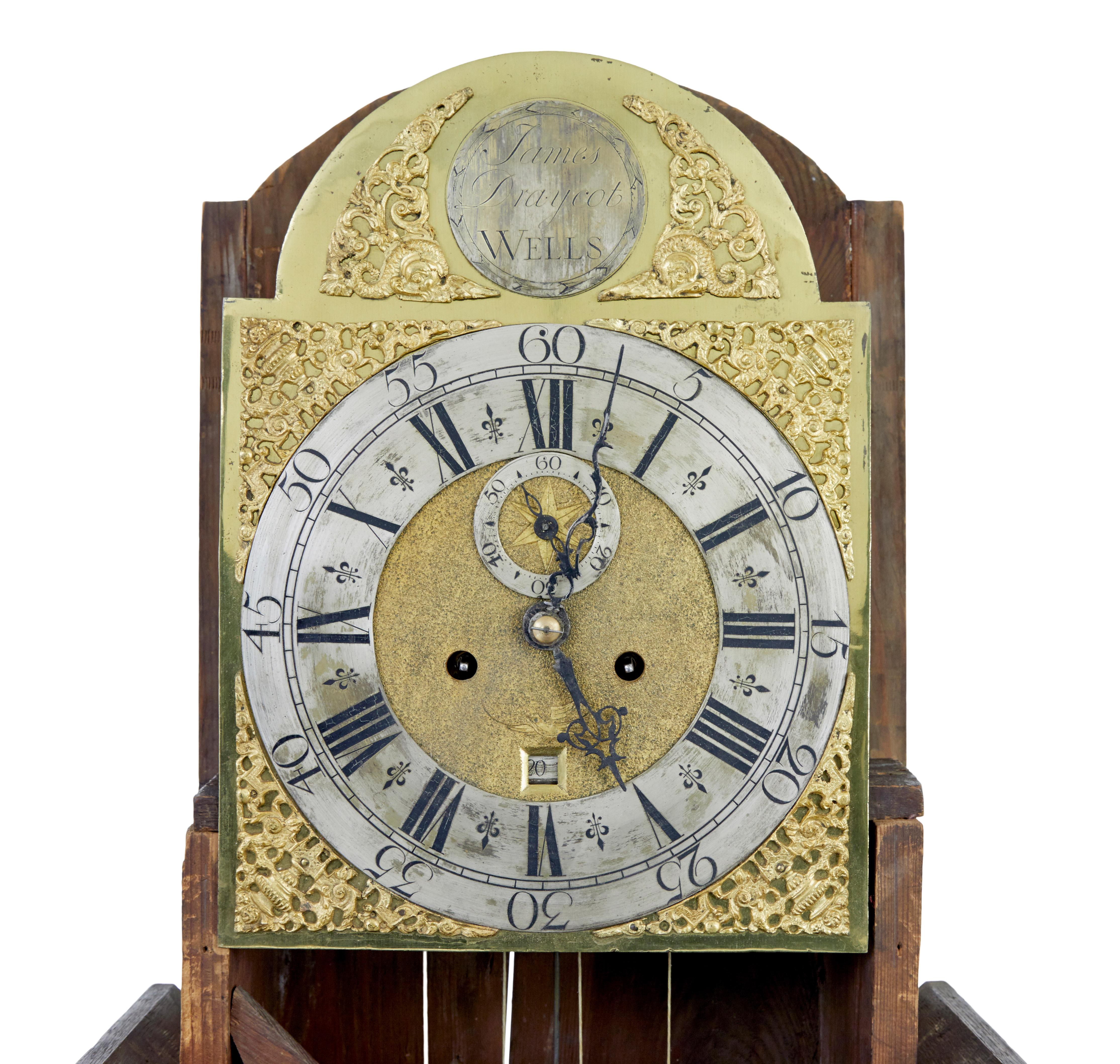 Laiton Horloge de vitrine en chêne du XVIIIe siècle par A James Draycot  en vente