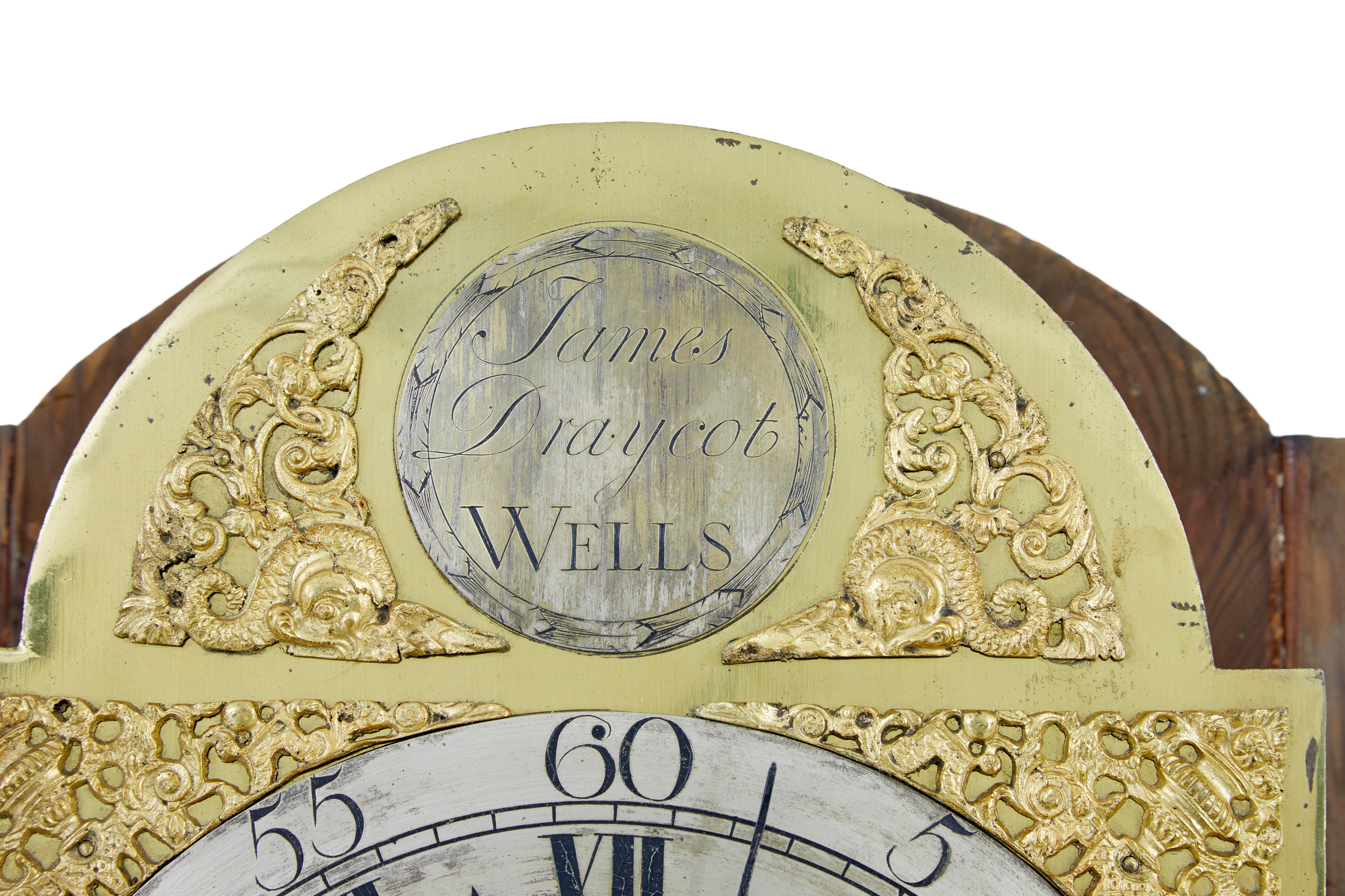 Brass 18th century oak longcase clock by James Draycot  For Sale