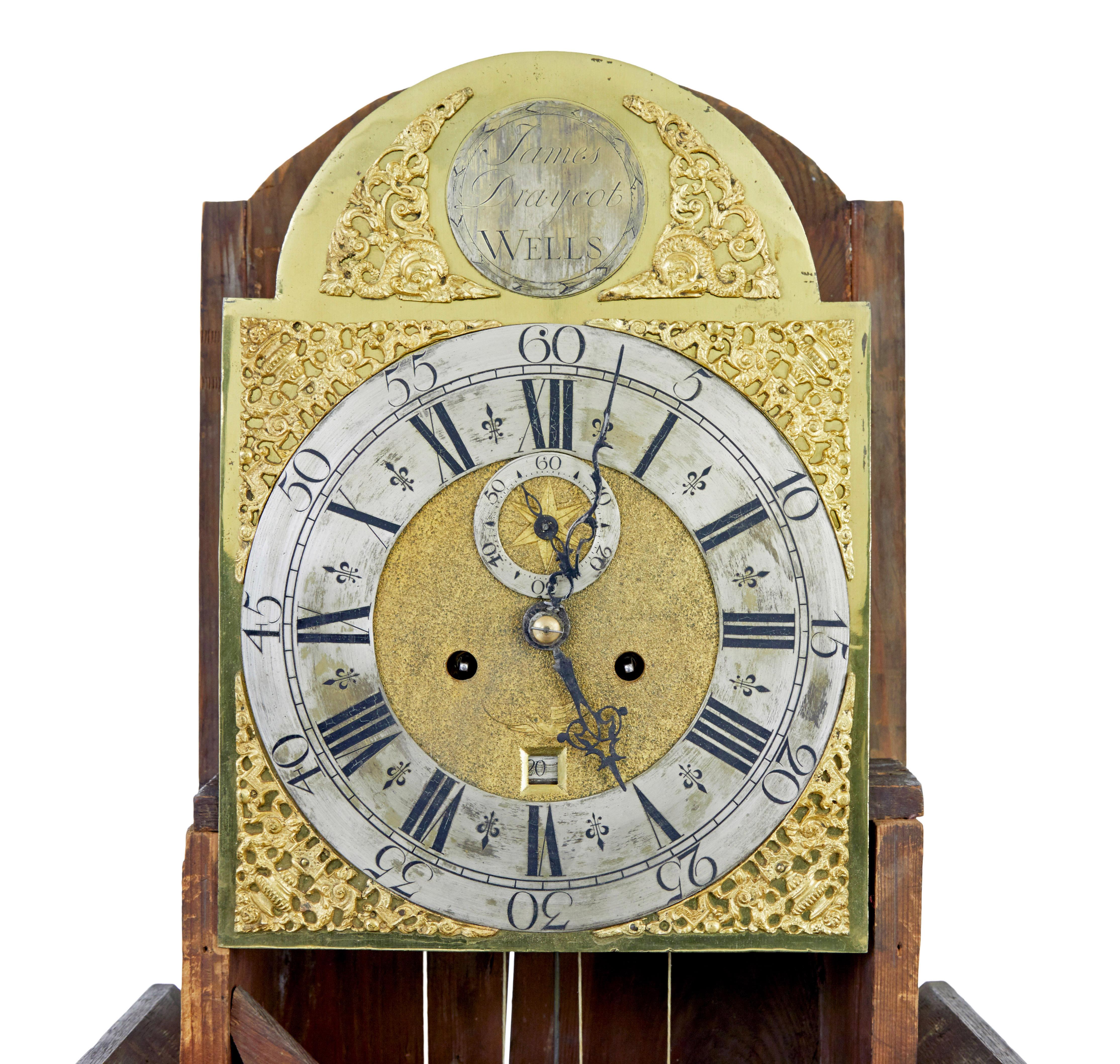 XVIII secolo 18th century oak longcase clock by James Draycot Wells in vendita