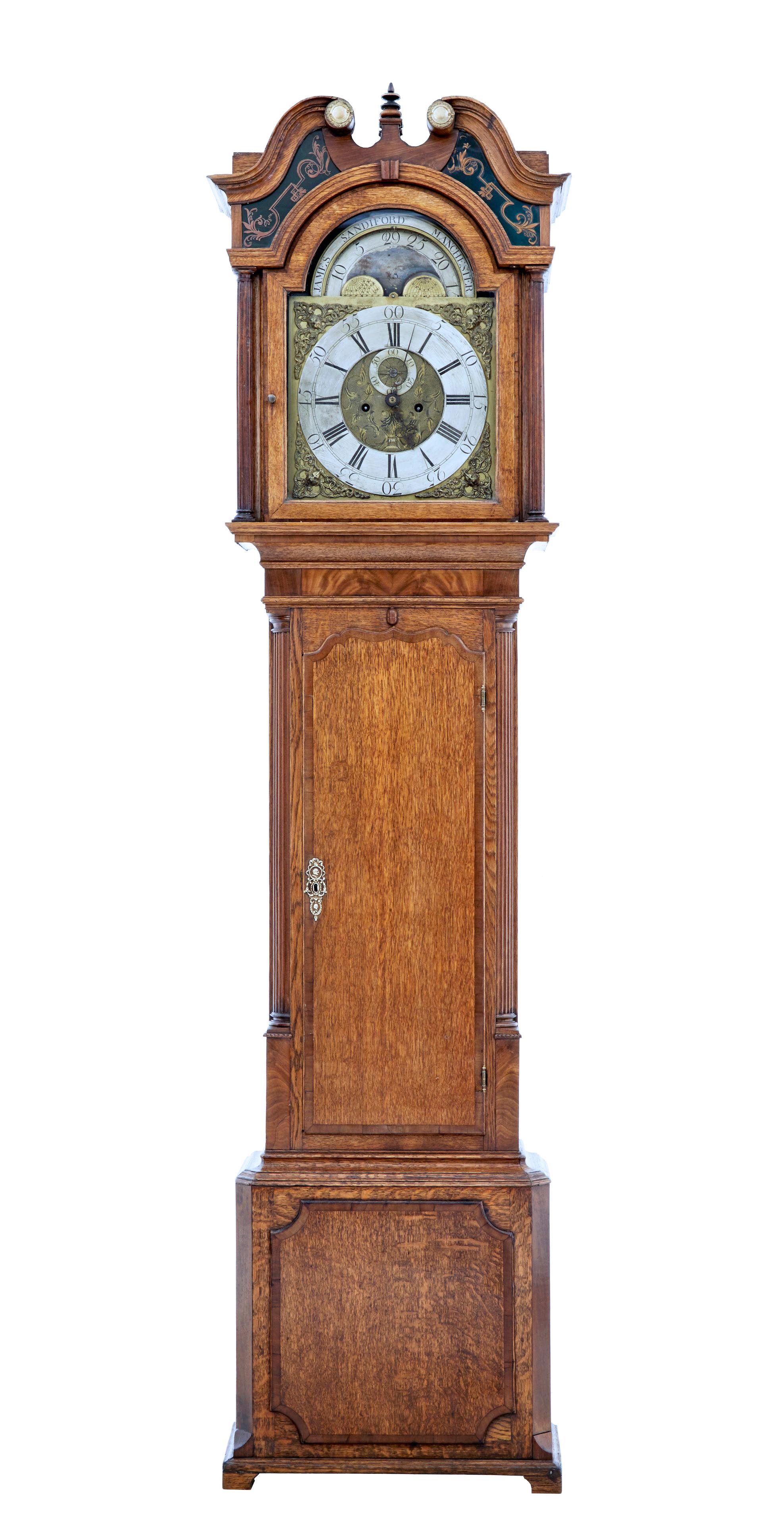 18th century oak longcase clock James Sandiford of Manchester circa 1750.

George II oak longcase clock circa 1750. Movement made and signed by the well known movement maker James Sandiford of Manchester. Movement with roman and Arabic numerals